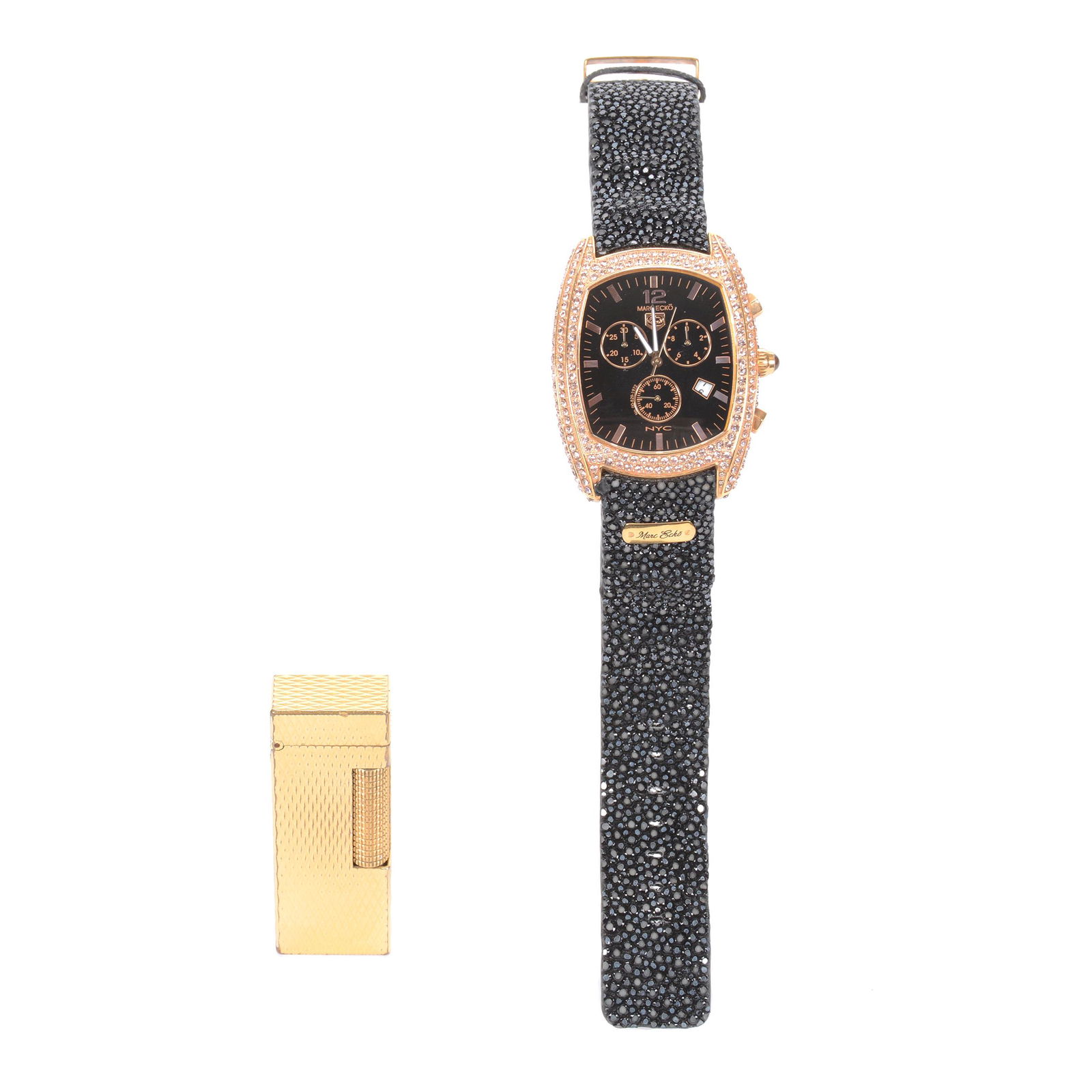 Man's Wristwatch "Marc Ecko": Man's Wristwatch "Marc Ecko", Rose Gold and Diamond Encrusted, Black Leather Band, Sells with Dunhill Swiss Cigarette Lighter, Goldplated; the Collection of Mrs. R. and the Late Dr. S. Alexander.