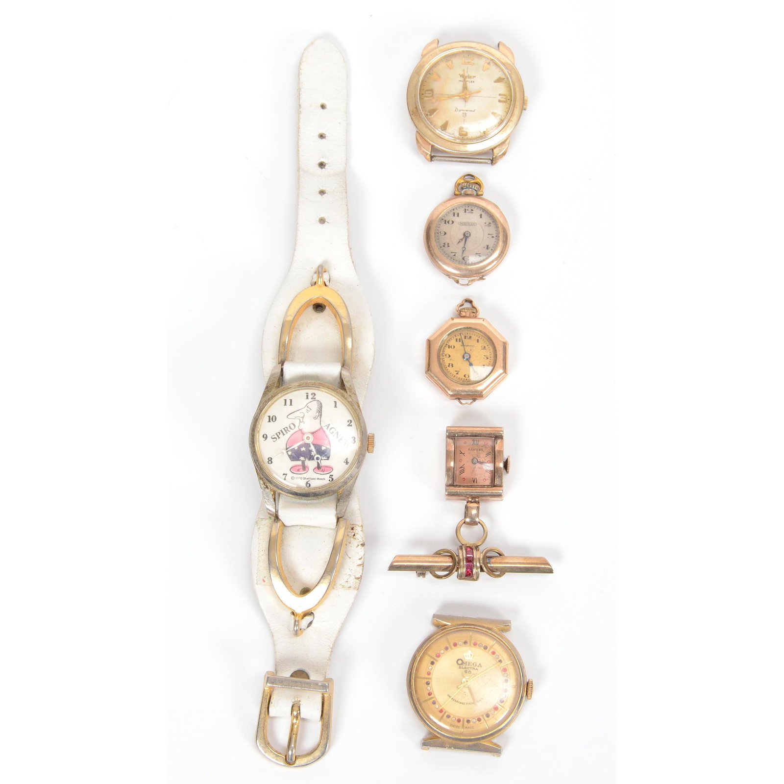 (6) Assorted Pocket Watches & Wristwatches: (6) Assorted Pocket Watches & Wristwatches, (1) Spiro Agnew, Leather Band, (1) Omega Electra, No Band, (1) Wyler, No Band, (3) Pendant Watches, Approximately 1", Include Nauran, Banner, and Bristol; t