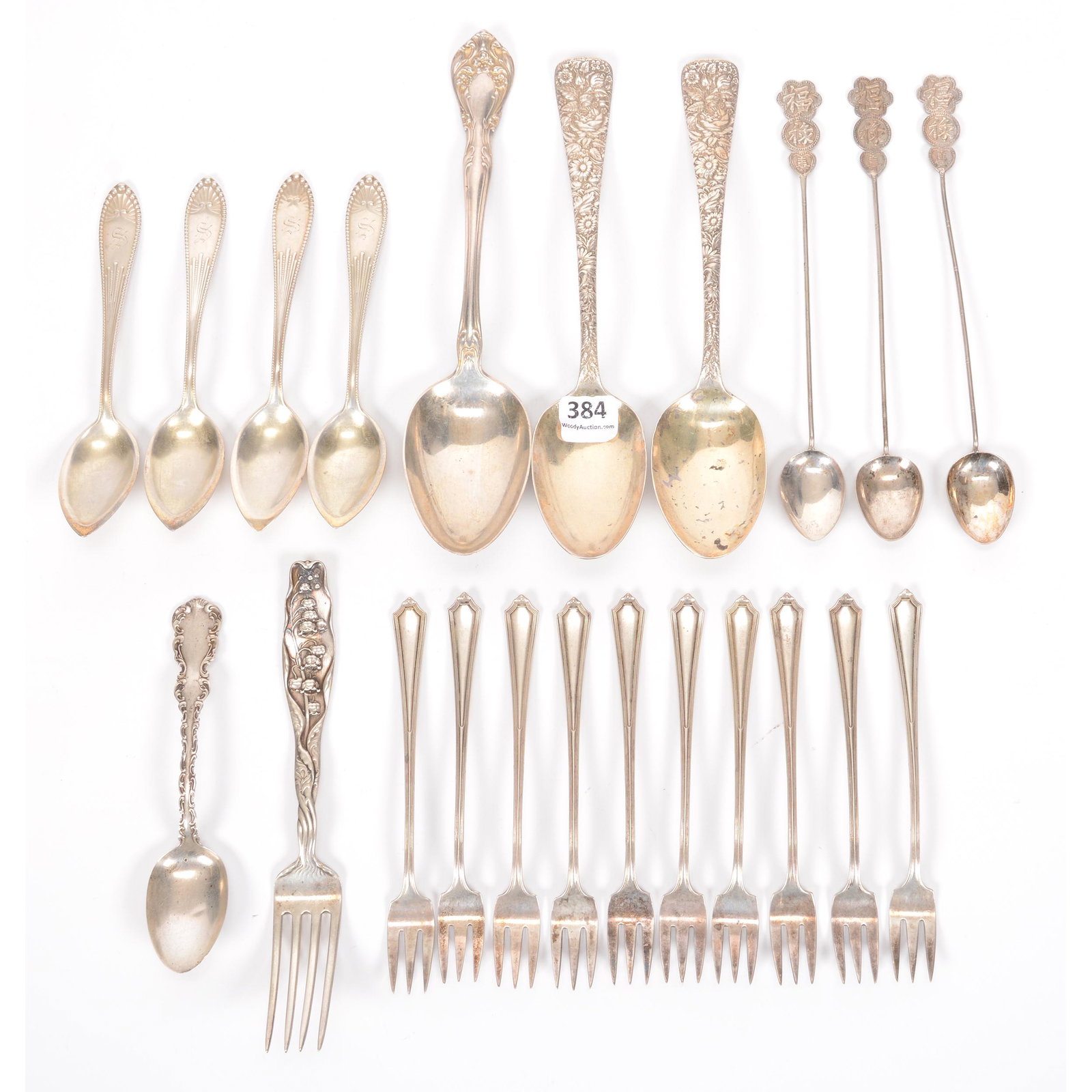 (22) Sterling Silver Flatware Items: (22) Sterling Silver Flatware Items, Assorted Spoons and Forks, 475 Grams Total Weight; the Collection of Mrs. R. and the Late Dr. S. Alexander.