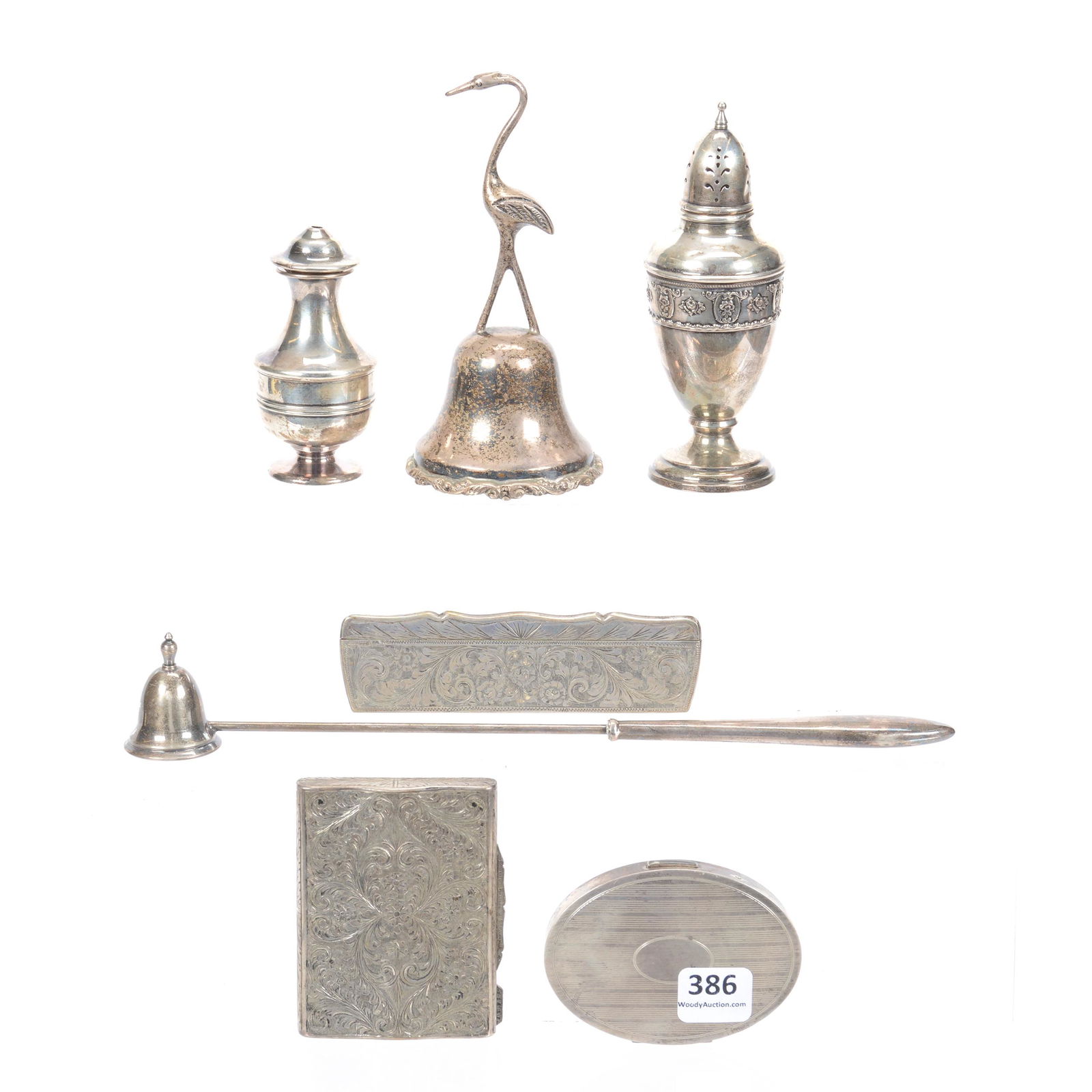 (7) Solid Sterling Silver Items: (7) Solid Sterling Silver Items, (1) 10" Candle Snuffer, (1) 3" Oval Compact, Mary Dunhill, (1) 3.25" Compact, Hand Chased Floral Design, (1) 5.25" Hand Bell, Stork Handle, No Markings, (2) 4.75" & 3.