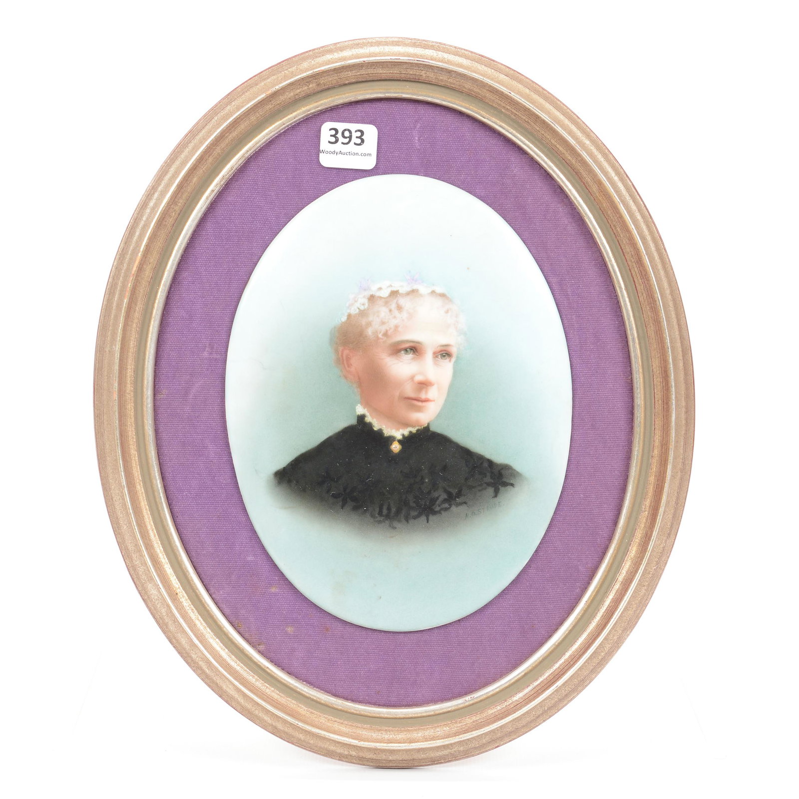Framed Oval Porcelain Plaque, Hand Painted: Framed Oval Porcelain Plaque, Hand Painted, 7", Artist "N. O. Stroed", Portrait of Older Woman Mounted on Oval Frame, Unable to View Back of Plaque, 11.5" Overall Frame Size; the Collection of Mrs. R.