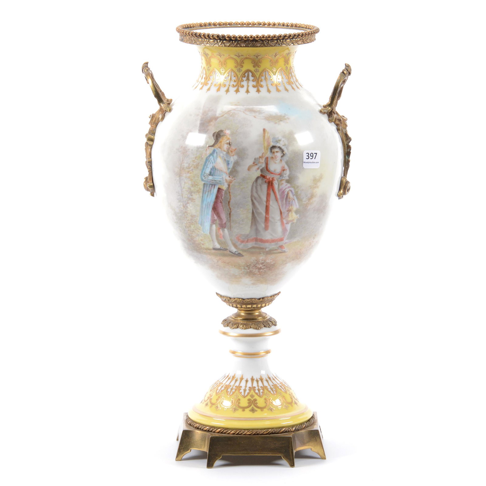 Porcelain Urn, Unmarked Sevres: Porcelain Urn, Unmarked Sevres, 17" X 8.5", Classic Courting Scene Decor, Yellow Trim, Gold Highlights, Artist Signed, Gilt Metal Fittings; the Collection of Mrs. R. and the Late Dr. S. Alexander.
