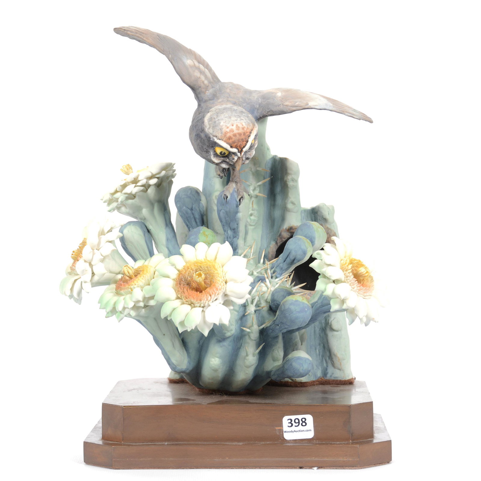 Royal Worcester "Moonlight Elf Owl & Giant Saguaro": Royal Worcester "Moonlight Elf Owl & Giant Saguaro", 13" X 9", Figure of Elf Owl on Blossoming Cactus Taking Flight, Five Petals of Blossoms are Broken Off; the Collection of Mrs. R. and the Late Dr. 