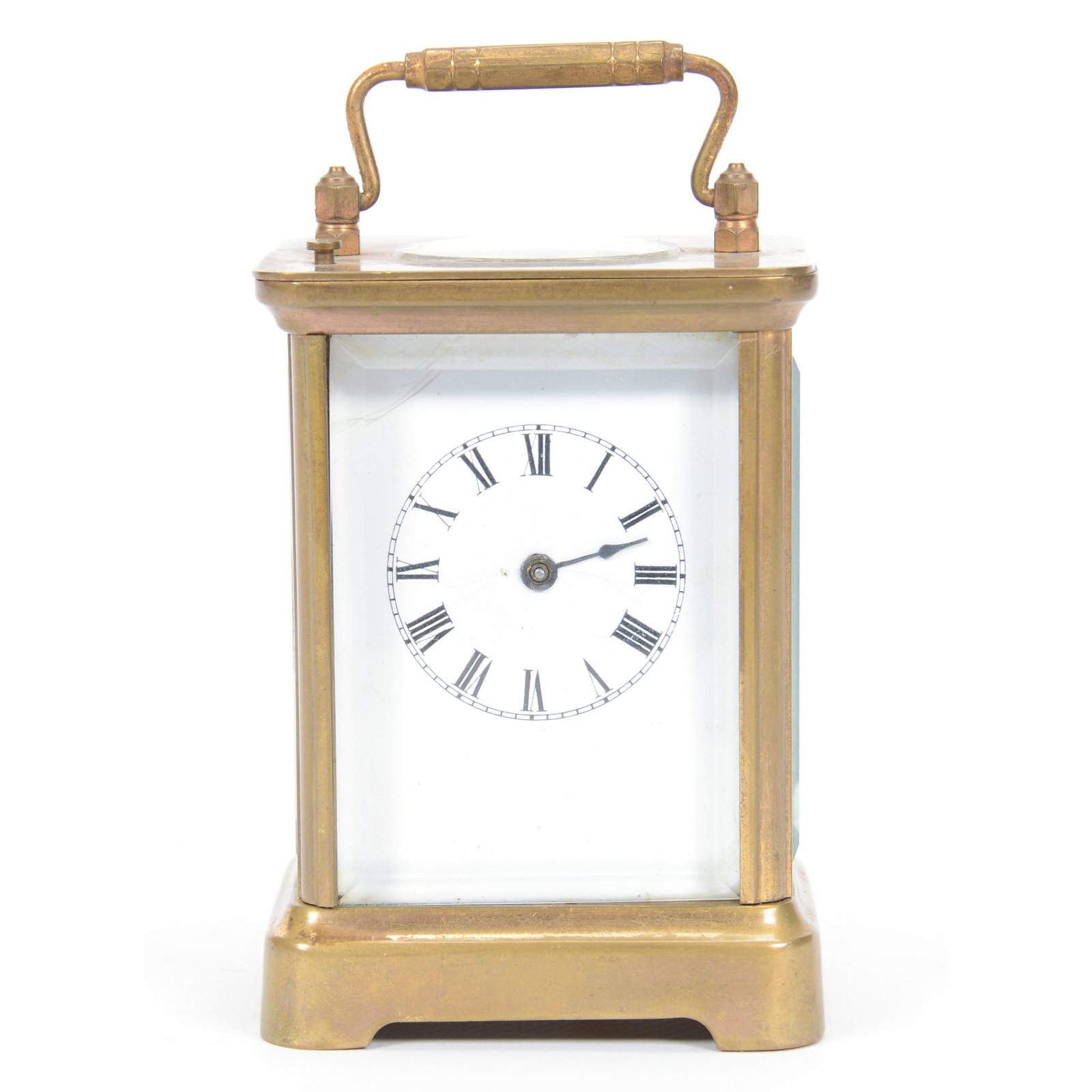 Carriage Clock, Waterbury Works Patent 1881: Carriage Clock, Waterbury Works Patent 1881, 4.75" X 3.25", Brass Frame, Beveled Glass, Clock Does have Bell, No Key, Replacement Back Door; the Collection of Mrs. R. and the Late Dr. S. Alexander.