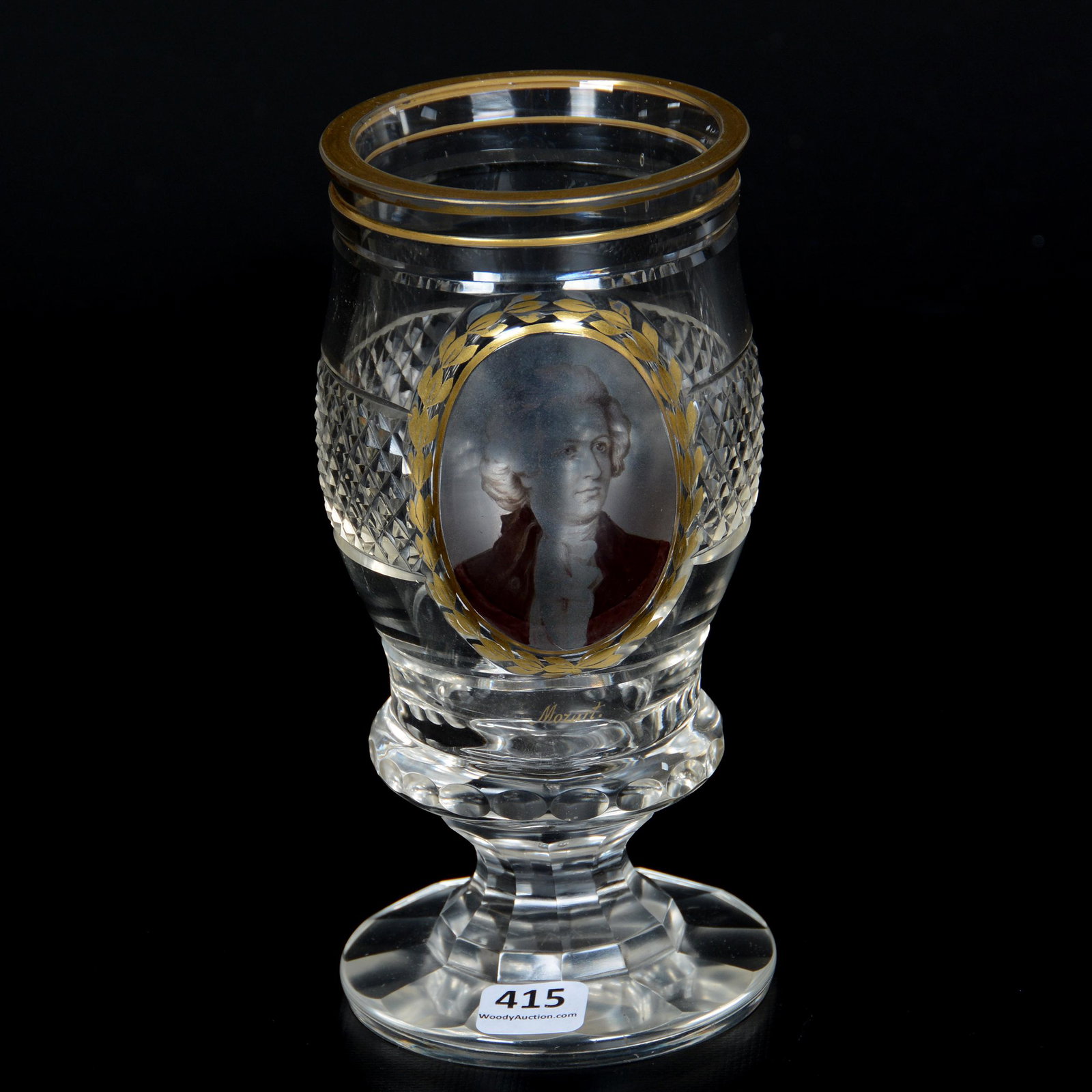 Bohemian Beaker, Clear with Diamond Band: Bohemian Beaker, Clear with Diamond Band, 7.25", Medallion Portrait of Mozart; the Collection of Mrs. R. and the Late Dr. S. Alexander.