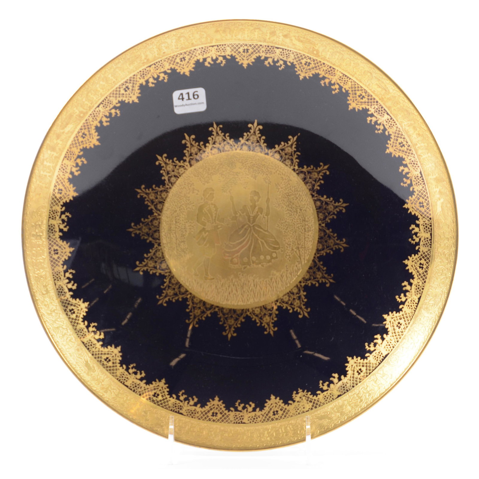 Bowl, Cobalt Blue W/Gold Brocade Courting Scene: Bowl, Cobalt Blue with Gold Brocade Courting Scene, 11.5", Made in West Germany; the Collection of Mrs. R. and the Late Dr. S. Alexander.