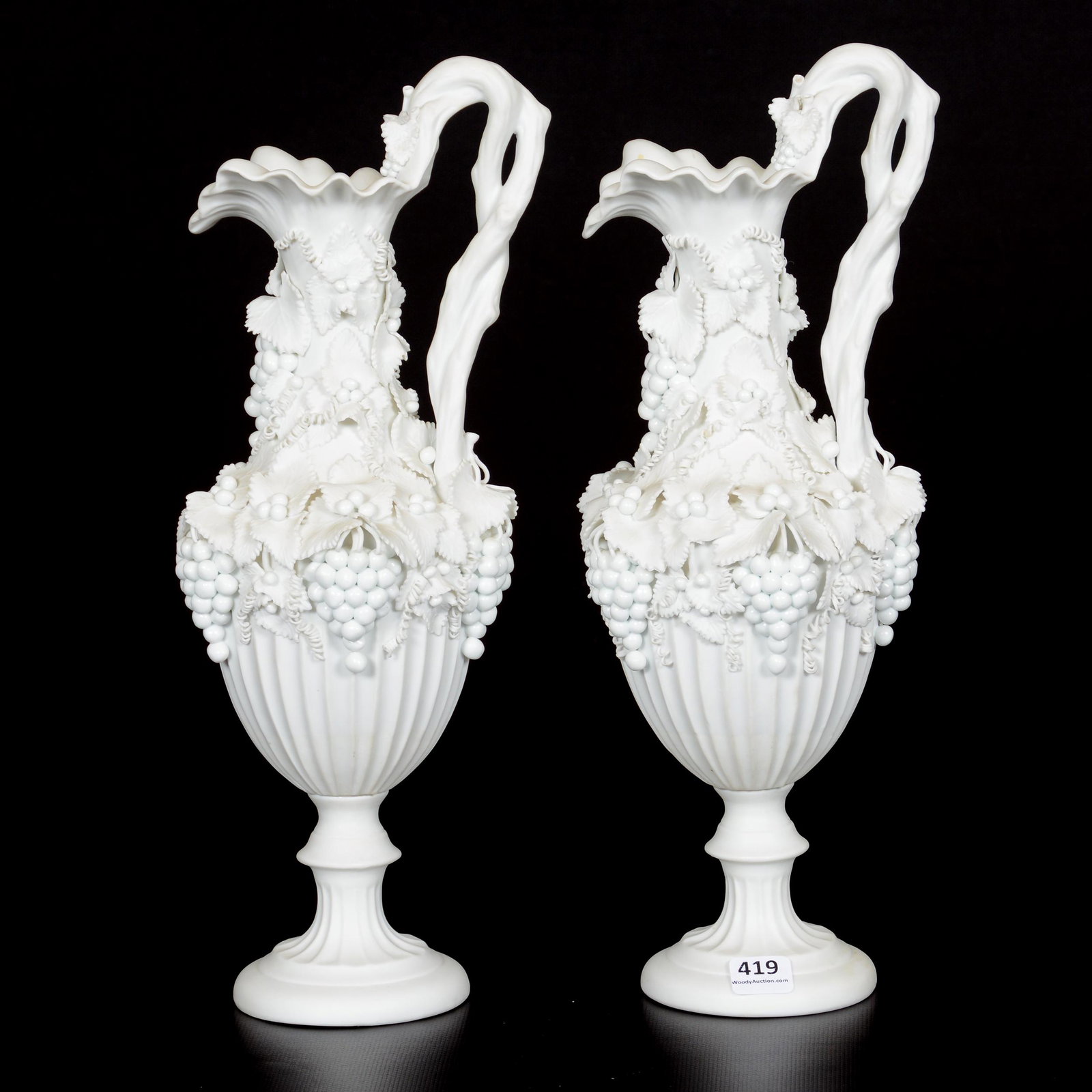 Pair Parian Bisque Ewers, Three Dimensional: Pair Parian Bisque Ewers, Three Dimensional, 13.5", Vintage Motif; the Collection of Mrs. R. and the Late Dr. S. Alexander.