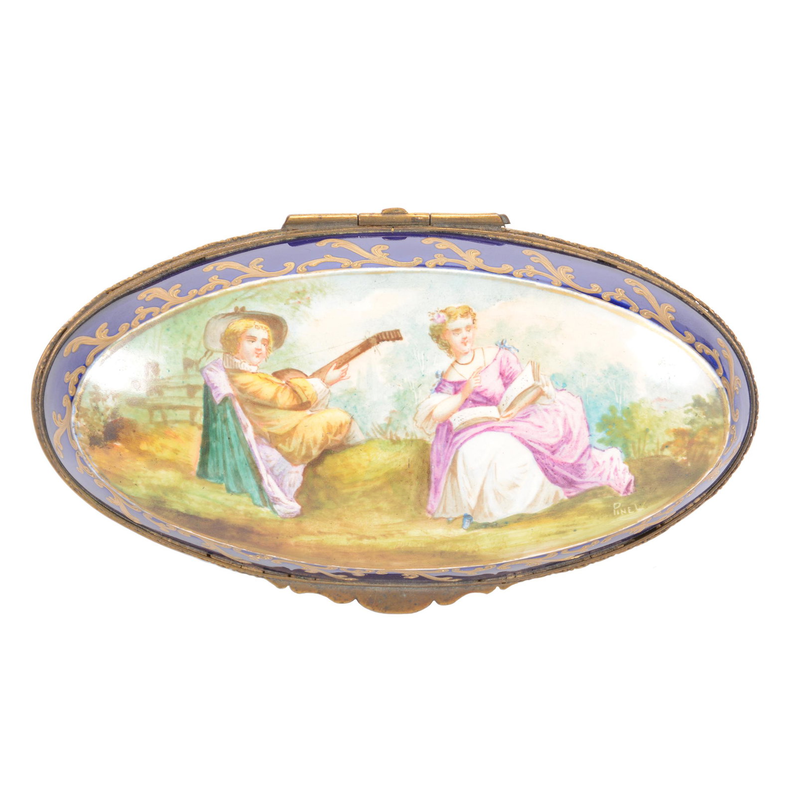 Covered Box Marked Sevres: Covered Box Marked Sevres, 2.75" X 7.5", Hinged, Oval, Cobalt Blue Border with Classic Scenic Decor, Gold Enamel Highlights, Very Nice; the Collection of Mrs. R. and the Late Dr. S. Alexander.