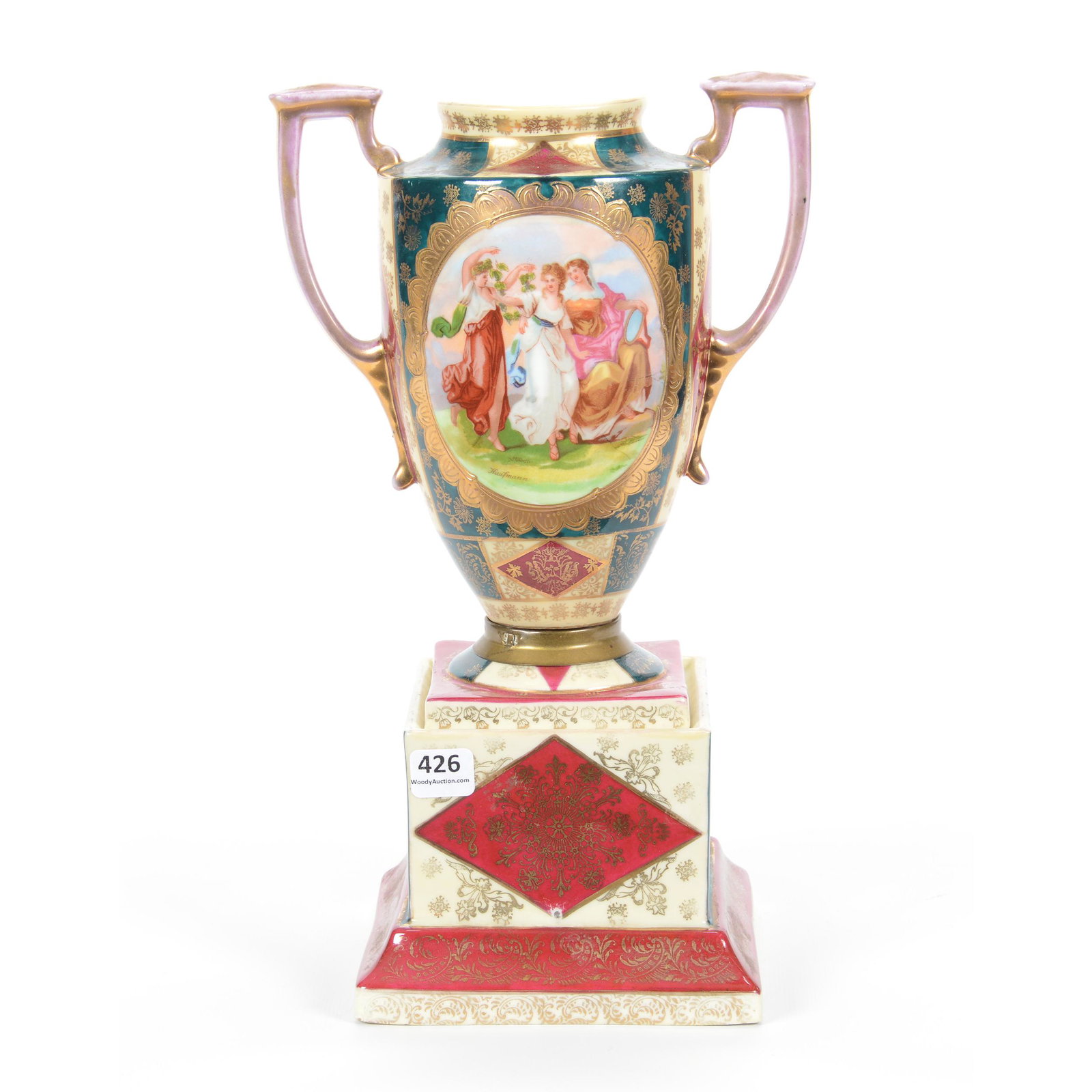 Urn Marked Beehive, Classic Green, Maroon & White: Urn Marked Beehive, Classic Green, Maroon & White, 12.75", Scenic Kaufmann Decor, Gold Highlights; the Collection of Mrs. R. and the Late Dr. S. Alexander.