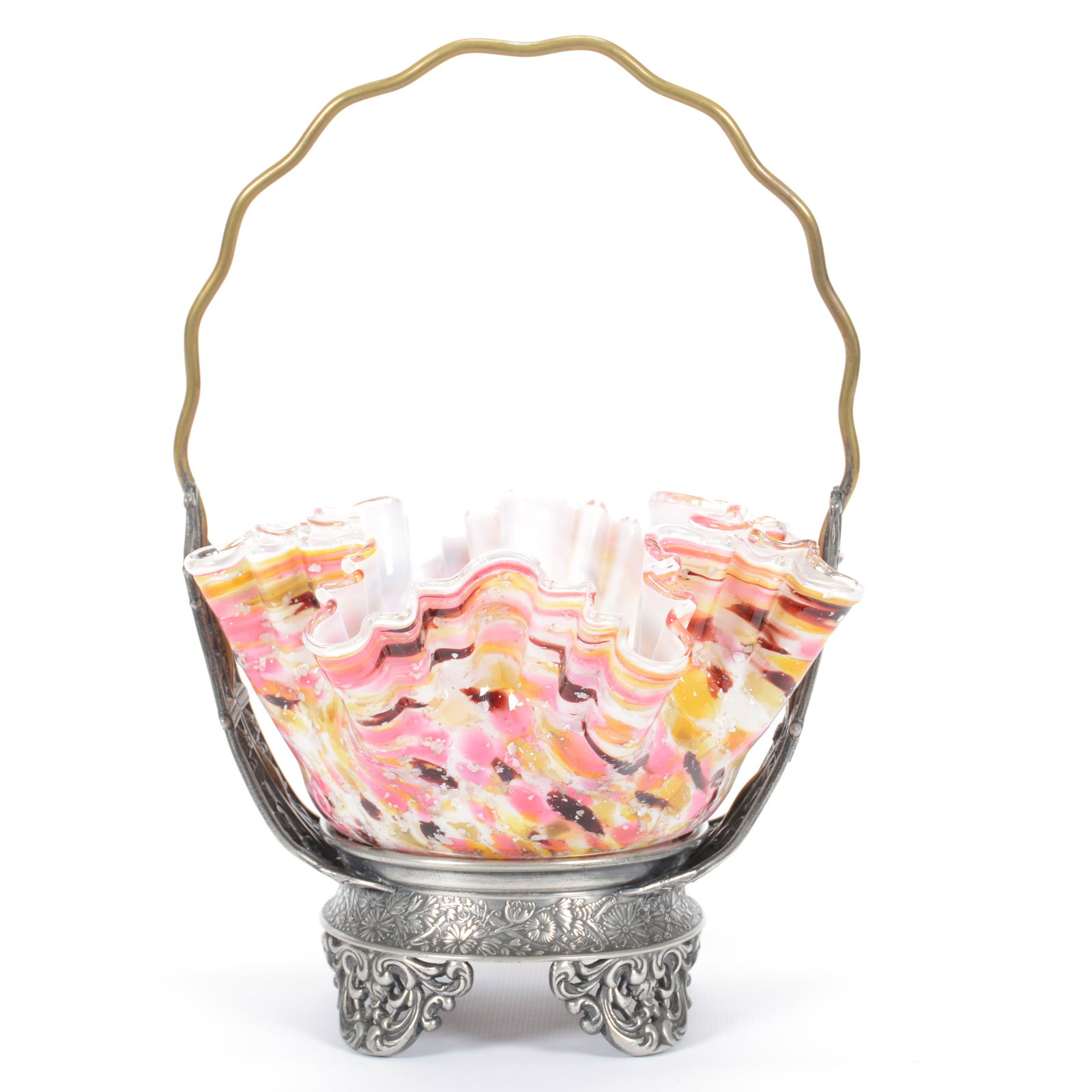 Victorian Brides Basket: Victorian Brides Basket, 11.25" X 7.75", Pink, Yellow and Red Cased Mottled Ruffled Bowl (Interior Surface Chip), Set on Simpson H, M, Company #600; the Collection of Mrs. R. and the Late Dr. S. Alexa
