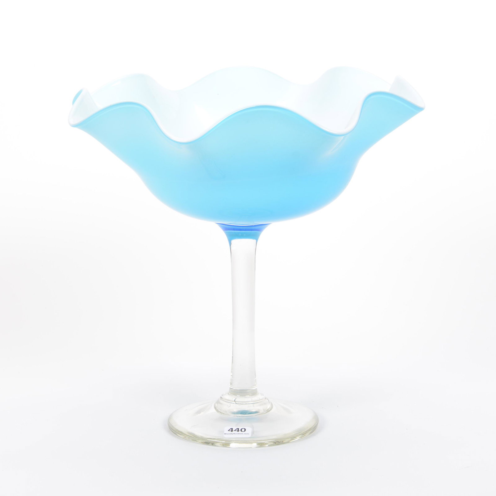 Blue & White Cased Compote, Clear Stem & Foot: Blue & White Cased Compote, Clear Stem & Foot, 11.5" X 11.5", Circa 20th Century; the Collection of Mrs. R. and the Late Dr. S. Alexander.