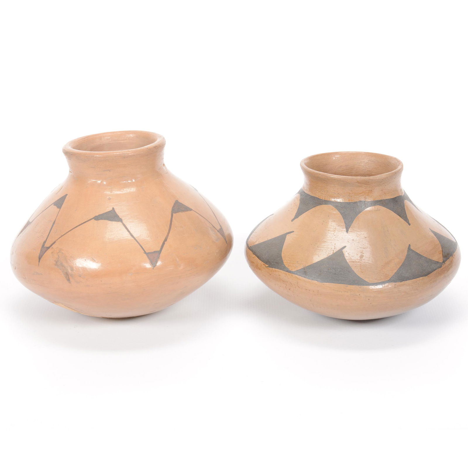 (2) Indian Pots, Unmarked: (2) Indian Pots, Unmarked, (1) 4" X 5", Old T.H. Springer Label on Base, (1) 3.5" X 4.5", Ink Stamp on Base; the Collection of Mrs. R. and the Late Dr. S. Alexander.