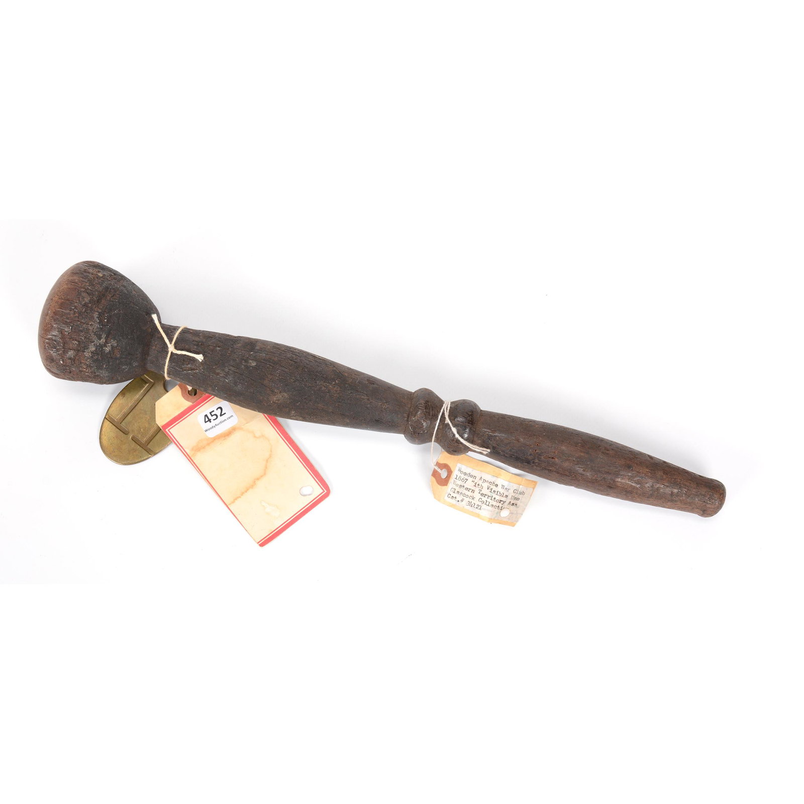 Solid Wooden Primitive Indian Club: Solid Wood Primitive Indian Club, 17", Tag Indicates It is An Apache War Club from Glascock Collection, Unable to Verify, Brass Tag with Number "11" Attached; the Collection of Mrs. R. and the Late Dr