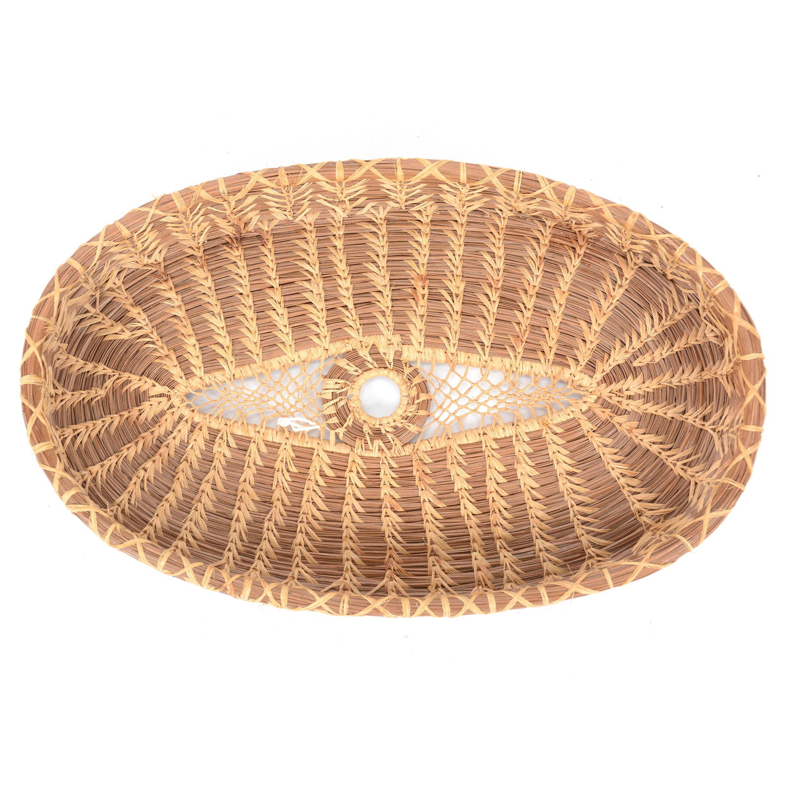 American Indian Pine Needle & Raffia Basket Tray: American Indian Pine Needle & Raffia Basket Tray, 1.5" X 12.5" X 8", Note Indicates This Basket Made by Chitimacha Indian Tribe of Louisiana, Circa 1920's, Unable to Verify; the Collection of Mrs. R. 