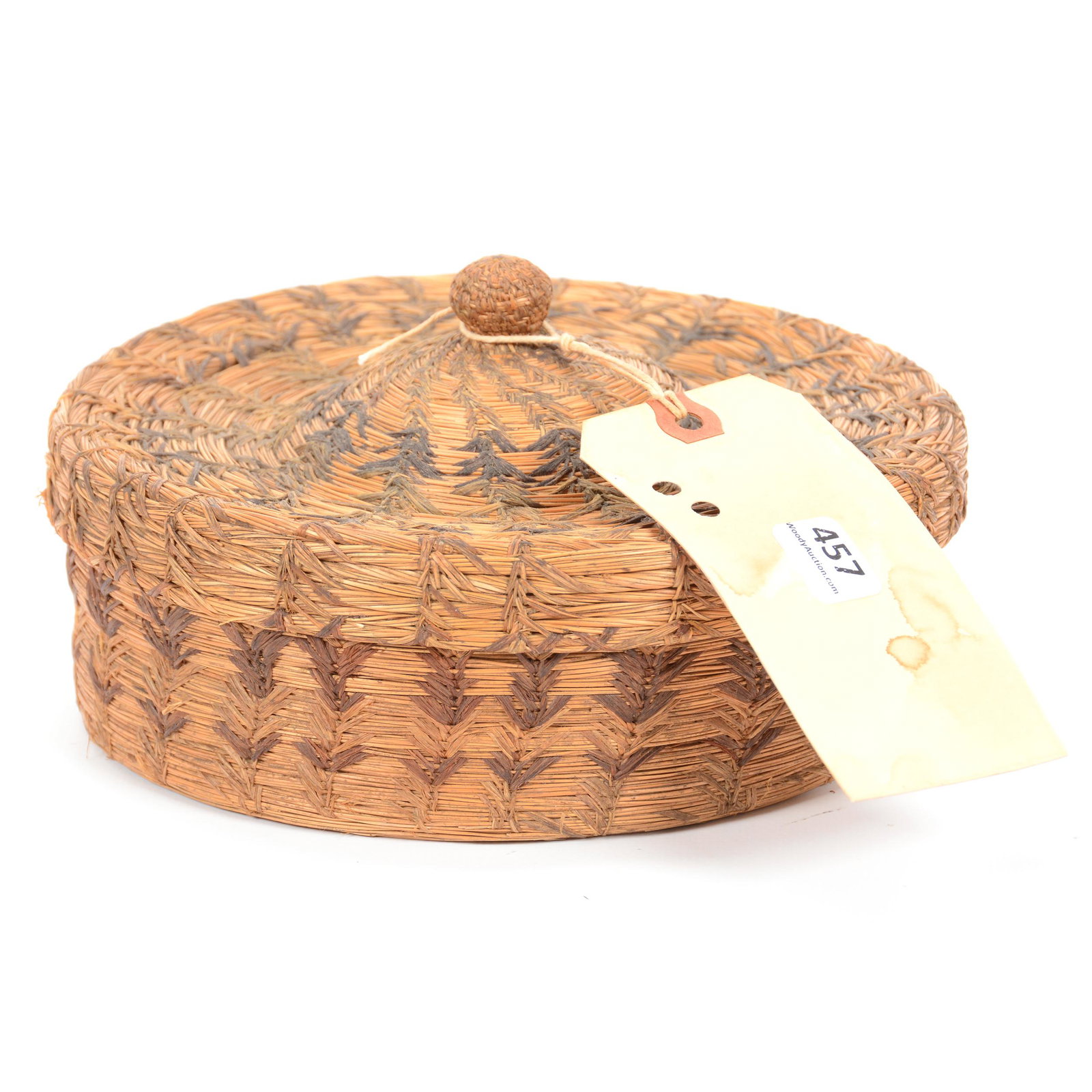 American Indian Pine Needle & Raffia Covered Basket: American Indian Pine Needle & Raffia Covered Basket, 4" X 8", Fetish Cup in Basket Interior, Note Indicates Made by Chitimacha Tribe of Louisiana, Unable to Verify; the Collection of Mrs. R. and the L