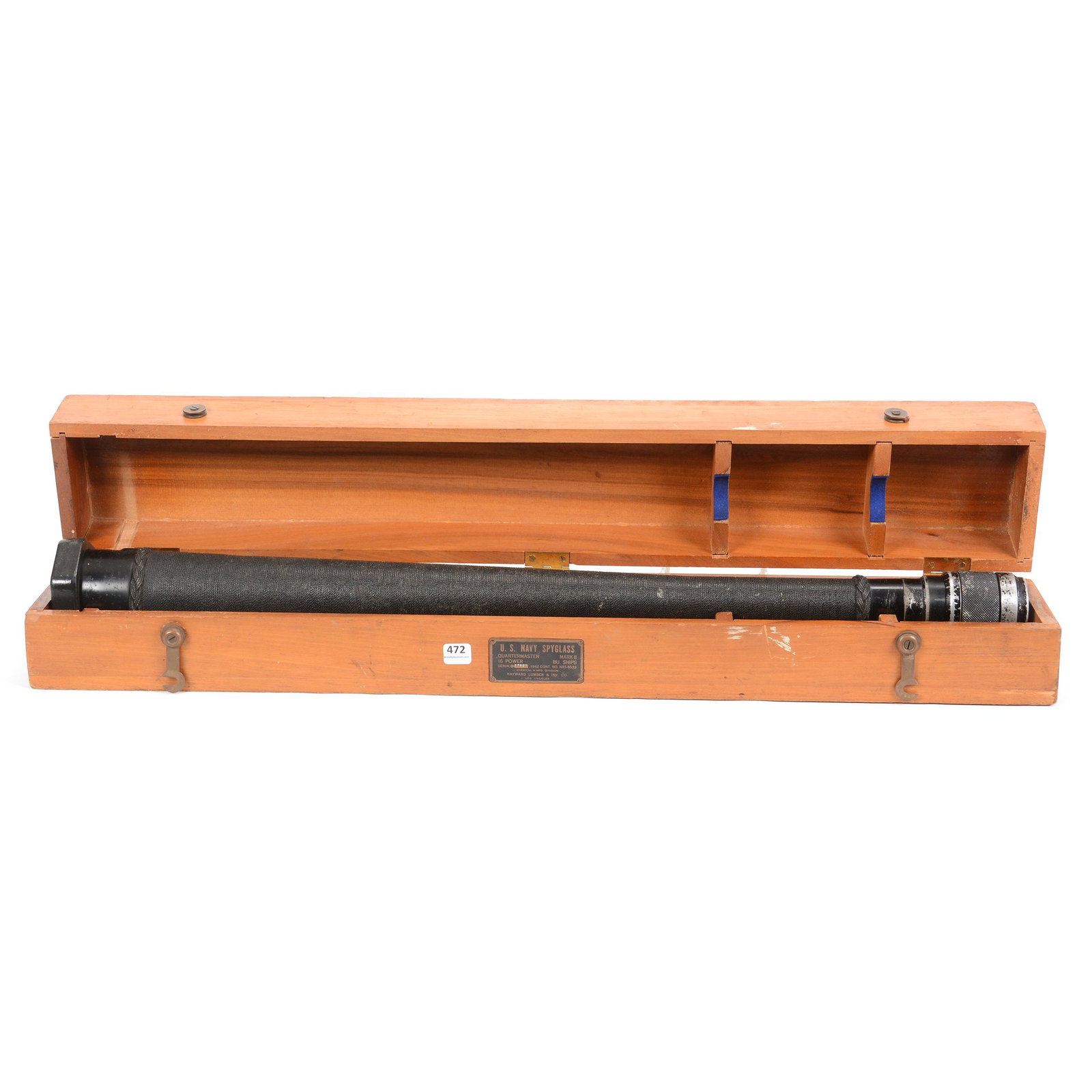 U.S. Navy WWII Spy Glass in Original Wooden Case: U.S, Navy WWII Spy Glass in Original Wooden Case, 31", Quartermaster Mark Ii, Sixteen Power, Serial #17621 on Case and Spy Glass Match, Good Optics; the Collection of Mrs. R. and the Late Dr. S. Alexa
