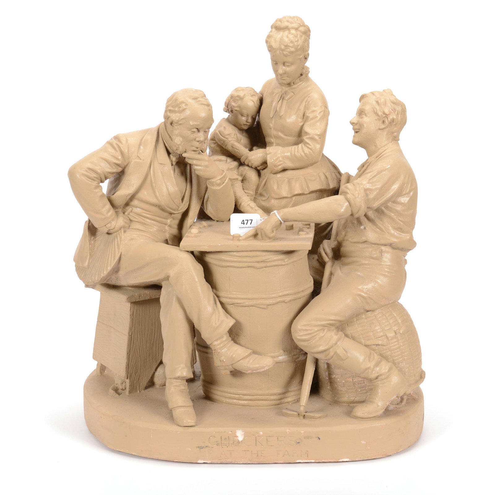 Original John Rogers Group "Checkers up at the Farm": Original John Rogers Group "Checkers up at The Farm", 20" X 16", "Patented December 28, 1875" Painted Touch-Ups, Some Chipping and Rubbed Areas; the Collection of Mrs. R. and the Late Dr. S. Alexander