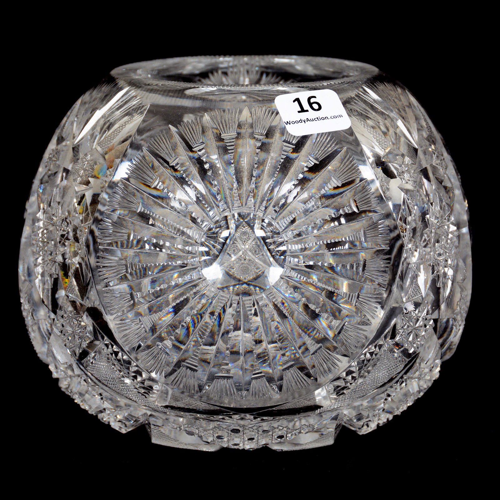 Rose Bowl, American Brilliant Cut Glass: Rose Bowl, ABCG, 4.75" x 6", Similar to Sunburst Pattern by Pitkin & Brooks, Full Pattern Cut Base, Notched Rim, The William Buschling Collection
