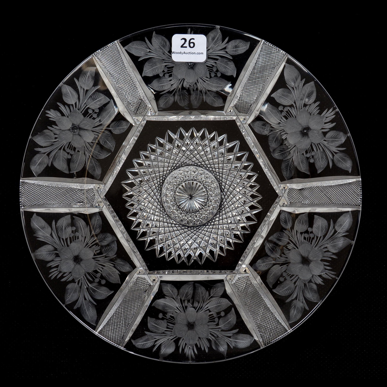 Plate, Lace Pattern by Hunt, ABCG: Plate, Lace Pattern by Hunt Glass, American Brilliant Cut Glass, 8.5", Hobstar Center with Six Sections of Engraved Floral Motif Border, Separated by File Band, The William Buschling Collection. UPDAT