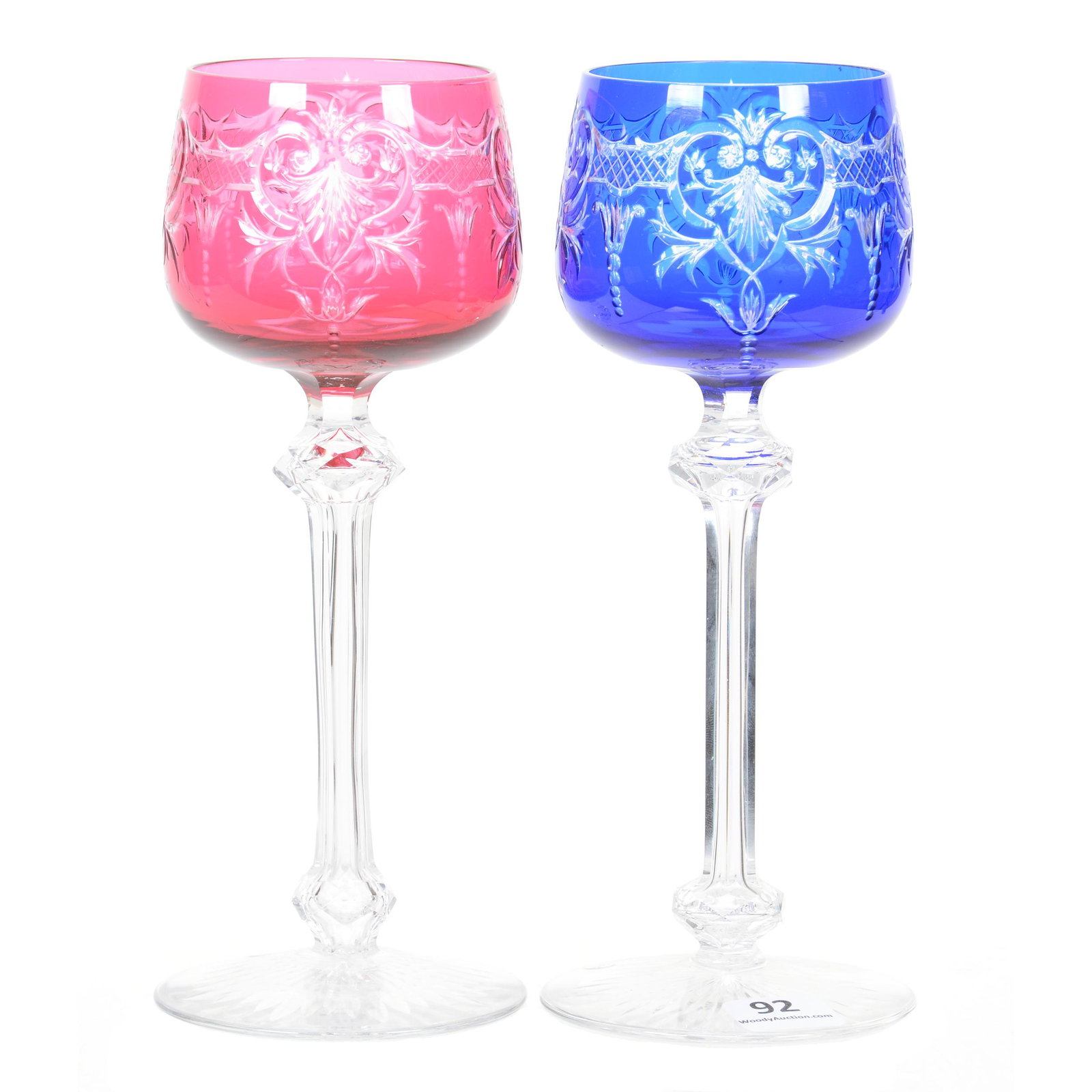 (2) Wine Stems, BPCG, Color Cut to Clear: (2) Wine Stems, BPCG, Color Cut to Clear, 7.75", (1) Blue Cut to Clear, (1) Cranberry Cut to Clear, Engraved Leaf, Scroll and Lattice Design, Clear Stem and Ray Cut Foot, Possibly Val St. Lambert, The