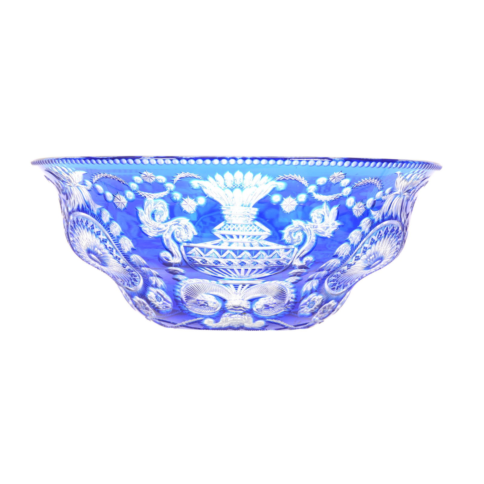 Bowl, BPCG, Blue Cut to Clear: Bowl, BPCG, Blue Cut to Clear, 3.5" x 8.75", Finely Engraved Medallion, Wreath and Flaming Urn Design, Attributed to Stevens & Williams, Purchased From Max Redden Collection, The William Buschling Col