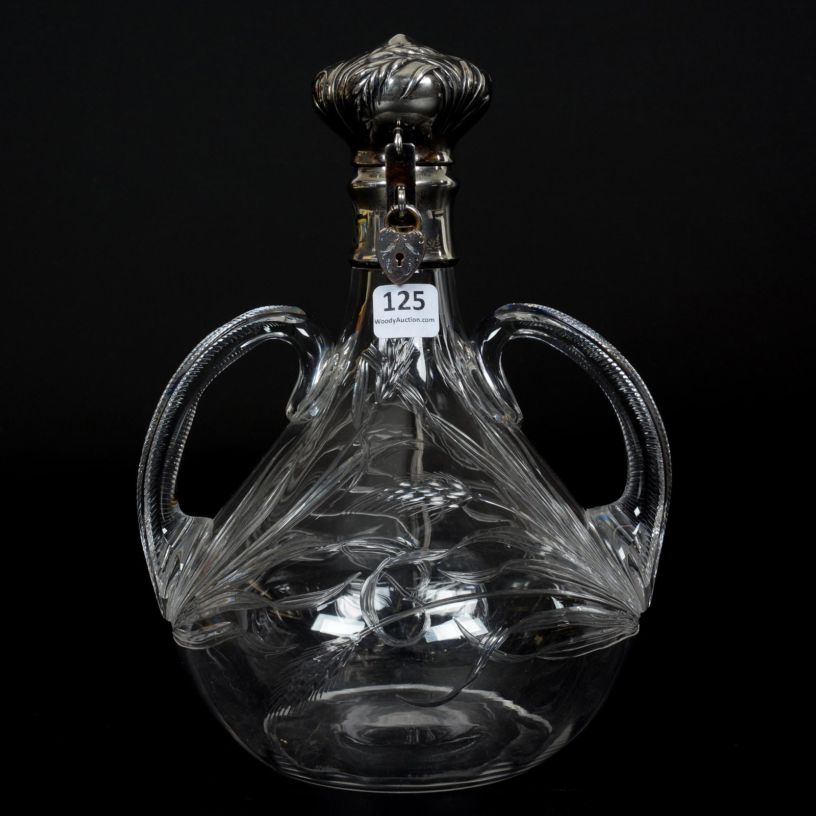 Liquor Decanter, ABCG, Finely Engraved: Liquor Decanter, ABCG, Finely Engraved, 9.5" x 7", Wheat Pattern with Matching Embossed Sterling Flip Lid with Wheat Motif, Heart Shaped Locket Currently Locked, No Key, Sterling Marked Theodore B. St