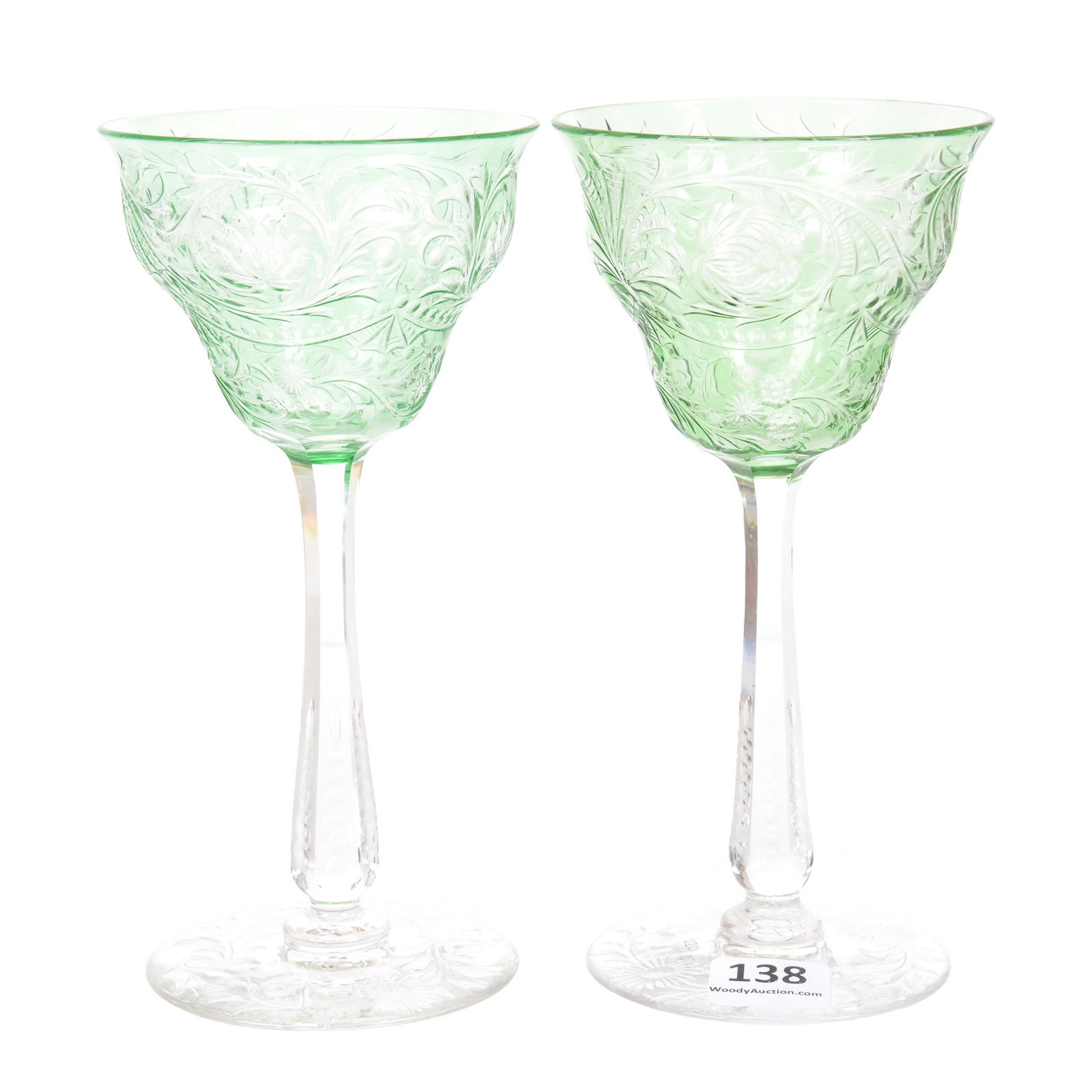 Pair Wine Stems, BPCG, Green Cut to Clear: Pair Wine Stems, BPCG, Green Cut to Clear, 6.25", Finely Engraved Rococo and Webbing Design, Clear Stem, Pattern Engraved Foot, The William Buschling Collection