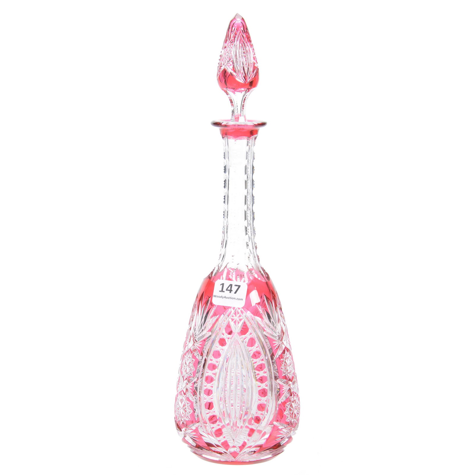 Decanter, BPCG, Cranberry Cut to Clear: Decanter, BPCG, Cranberry Cut to Clear, 12", Ariane Pattern by Val St. Lambert, Circa 1908, Pattern Cut Stopper, Three-Sided, Ray Cut Base, The William Buschling Collection