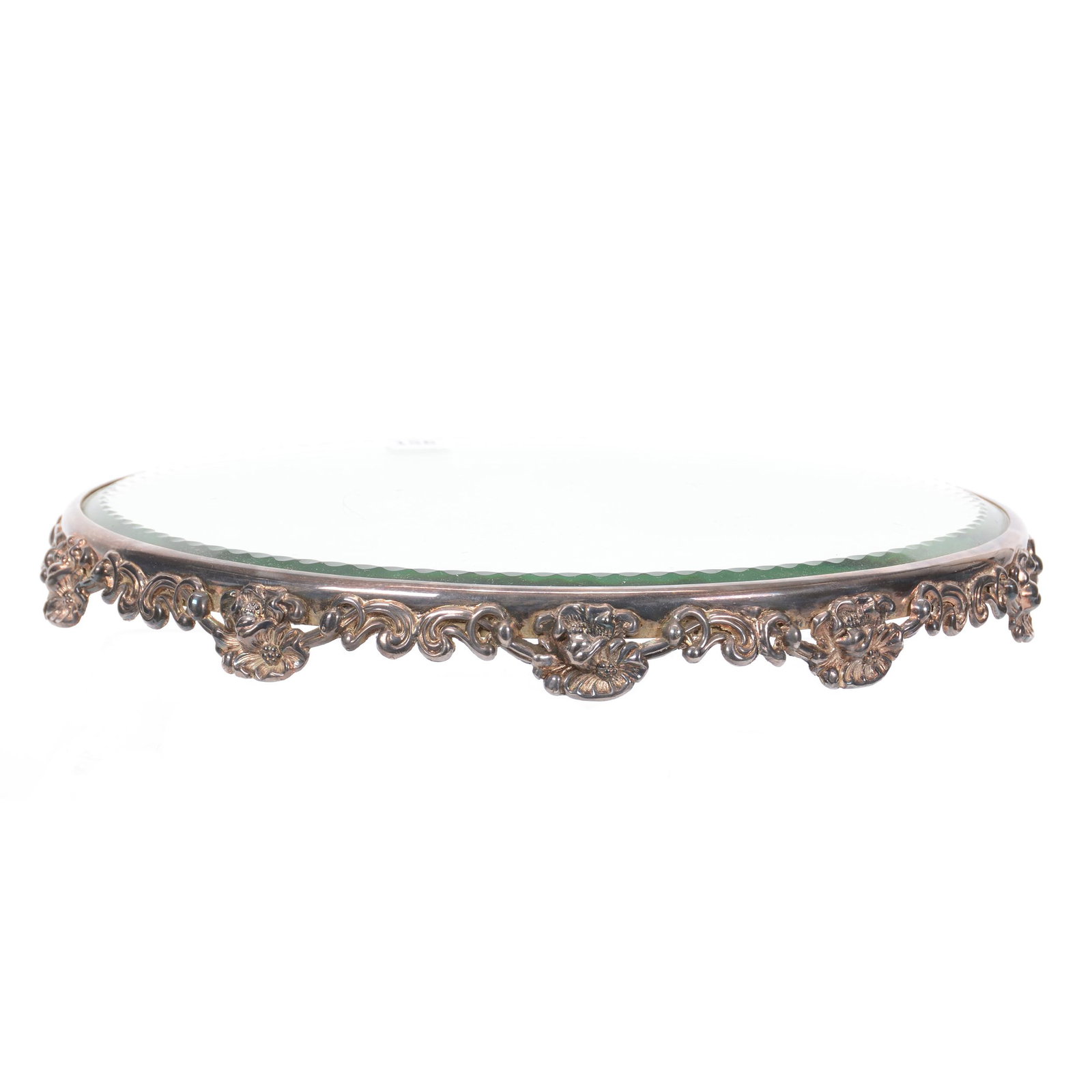Beveled Mirror Plateau, Silverplate Border: Beveled Mirror Plateau, 12", Silverplate Border with Embossed Poppy Design, The William Buschling Collection