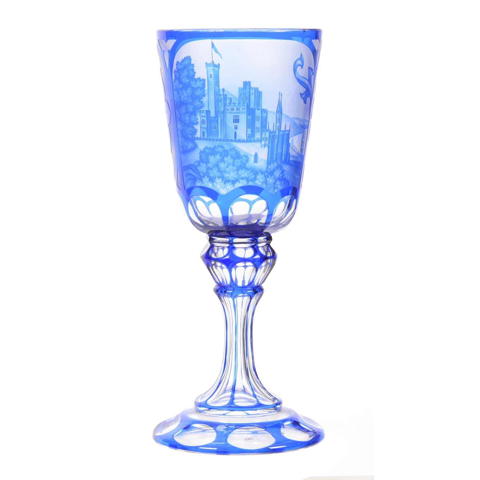 Victorian Marriage Chalice, BPCG, Blue Cut to Clear: Victorian Marriage Chalice, BPCG, Blue Cut to Clear, 10.75", Elaborately Engraved Panel with Castle Scene, also Panel Engraved with Family Crest, 19th Century, The William Buschling Collection