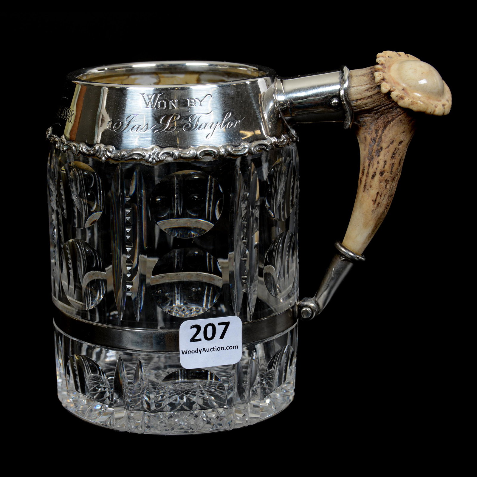 Stein, ABCG, Stag Handle, Sterling Fittings: Stein, ABCG, Stag Handle, Sterling Fittings, 5", Bullseye and Prism Motif with Hobstar Base, Redlich Sterling Collar and Fittings, Stag Horn Handle, Golf Trophy Inscription Dated "1898", The William B