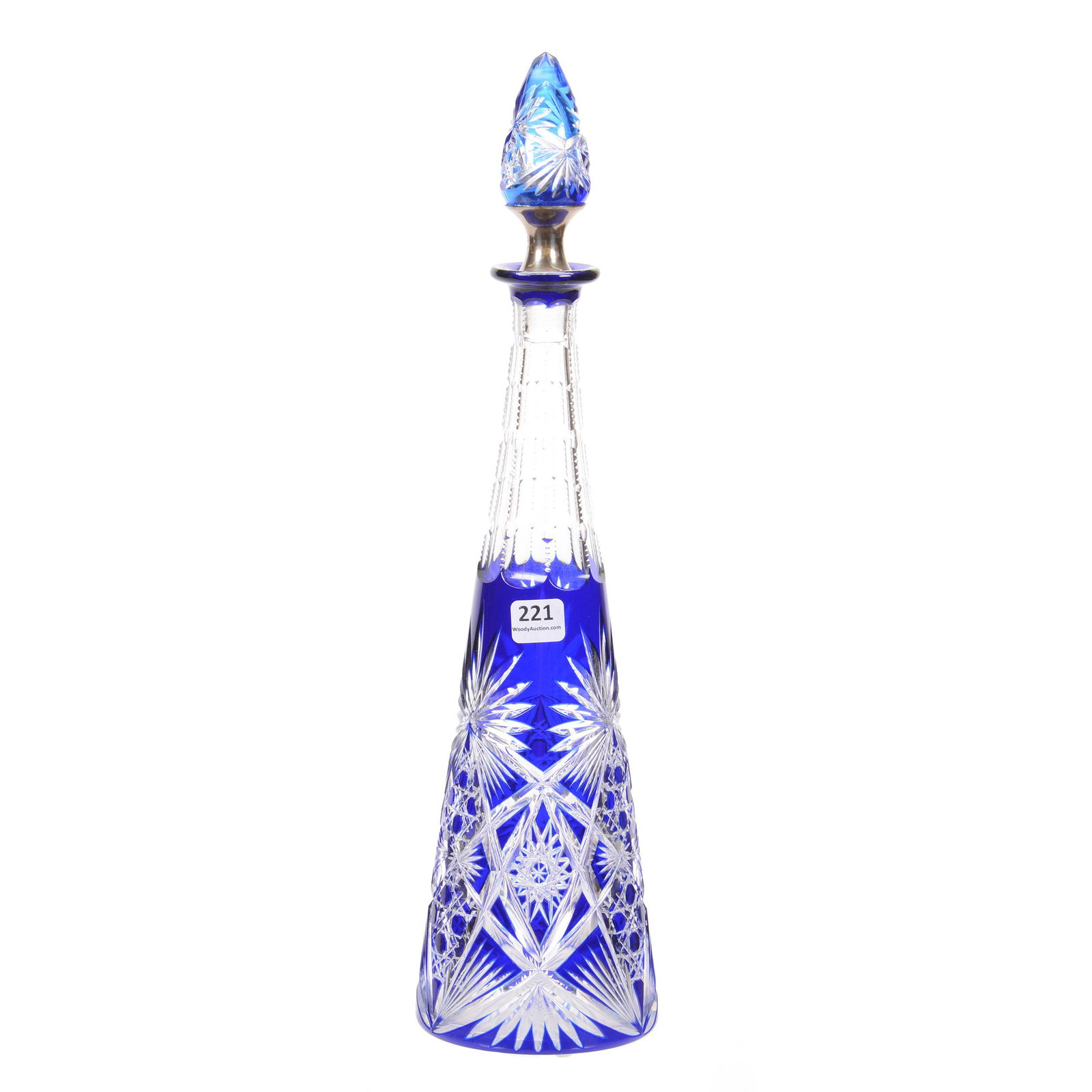Decanter, Brilliant Period Cut Glass, Blue Cut to Clear: Decanter, BPCG, Blue Cut to Clear, 16", Pyramid Shape, Cane, Hobstar and Fan Motif, Matching Stopper, Stopper has been Professionally Mended with Silver Fitting, The William Buschling Collection
