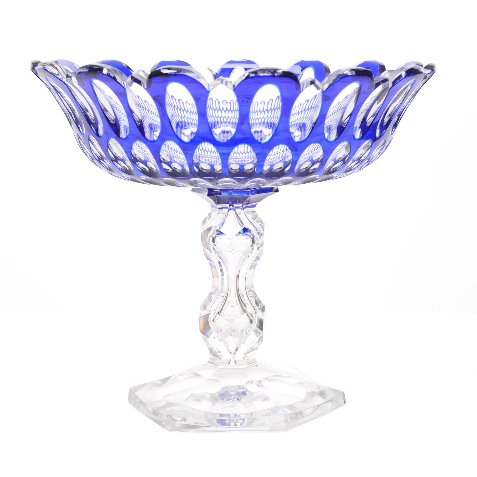 Compote, Brilliant Period Cut Glass, Blue Cut to Clear: Compote, BPCG, Blue Cut to Clear, 8.5" x 9.5", Prince De Galles Pattern by Val St. Lambert, Ca. 1904, Featured in Val St. Lambert Catalog ACGA Reprint, Page 178, The William Buschling Collection