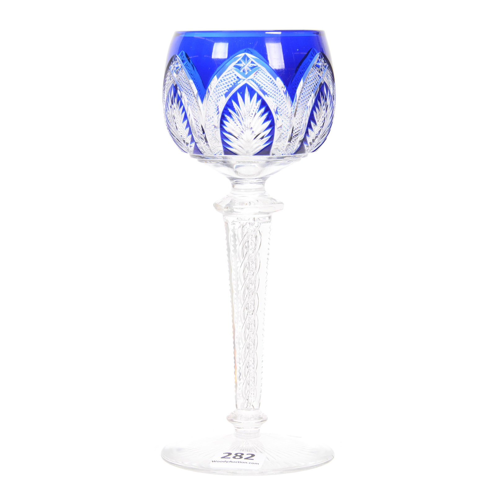 Wine Stem, Brilliant Period Cut Glass, Blue Cut to: Wine Stem, BPCG, Blue Cut to Clear, 7.25", Arch, Feather, Strawberry Diamond and Star Motif, Airtrap Stem, Ray Cut Foot, Attributed to Val St. Lambert, The William Buschling Collection