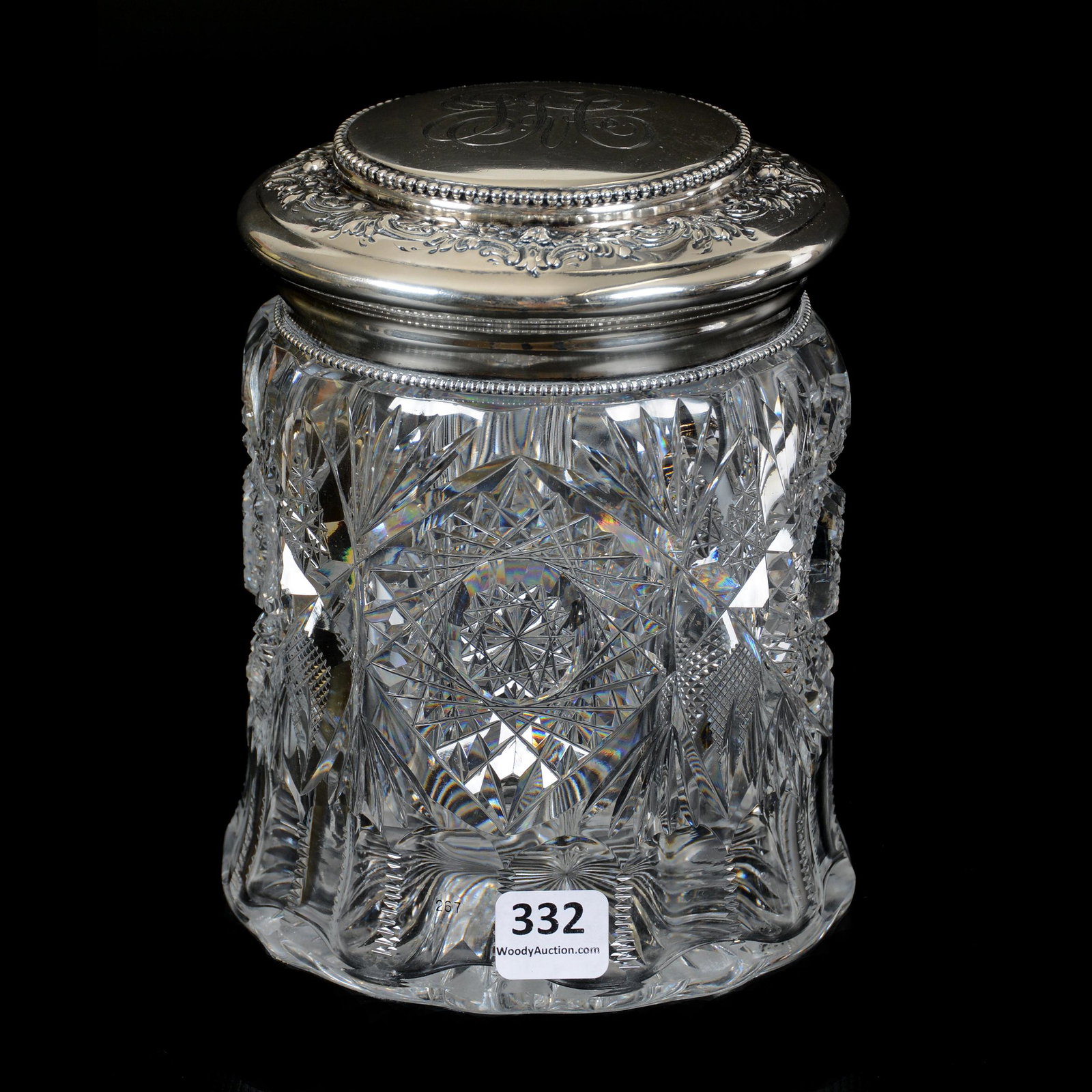 Covered Jar, ABCG, Monarch Pattern by J. Hoare: Covered Jar, ABCG, Monarch Pattern by J. Hoare, 6.5" x 5", Ray Cut Base, Sterling Lid Marked Reed & Barton #35A, The William Buschling Collection