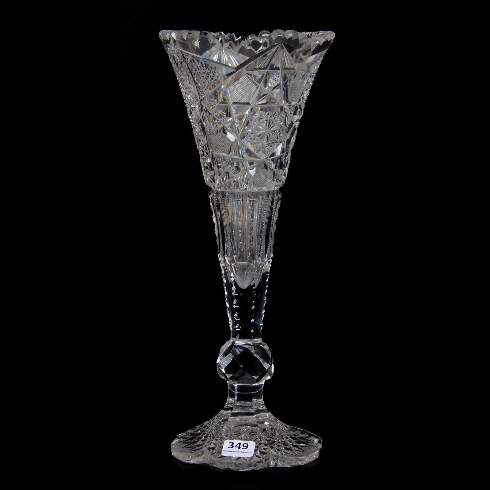 Trumpet Vase, American Brilliant Cut Glass: Trumpet Vase, ABCG, 12", Hobstar, Cane, Nailhead Diamond, Prism and Strawberry Diamond Motif, Facet Cut Ball Stem, Hobstar Scalloped Petticoat Foot, Some Rim Surface Nicks on Base, The William Buschli