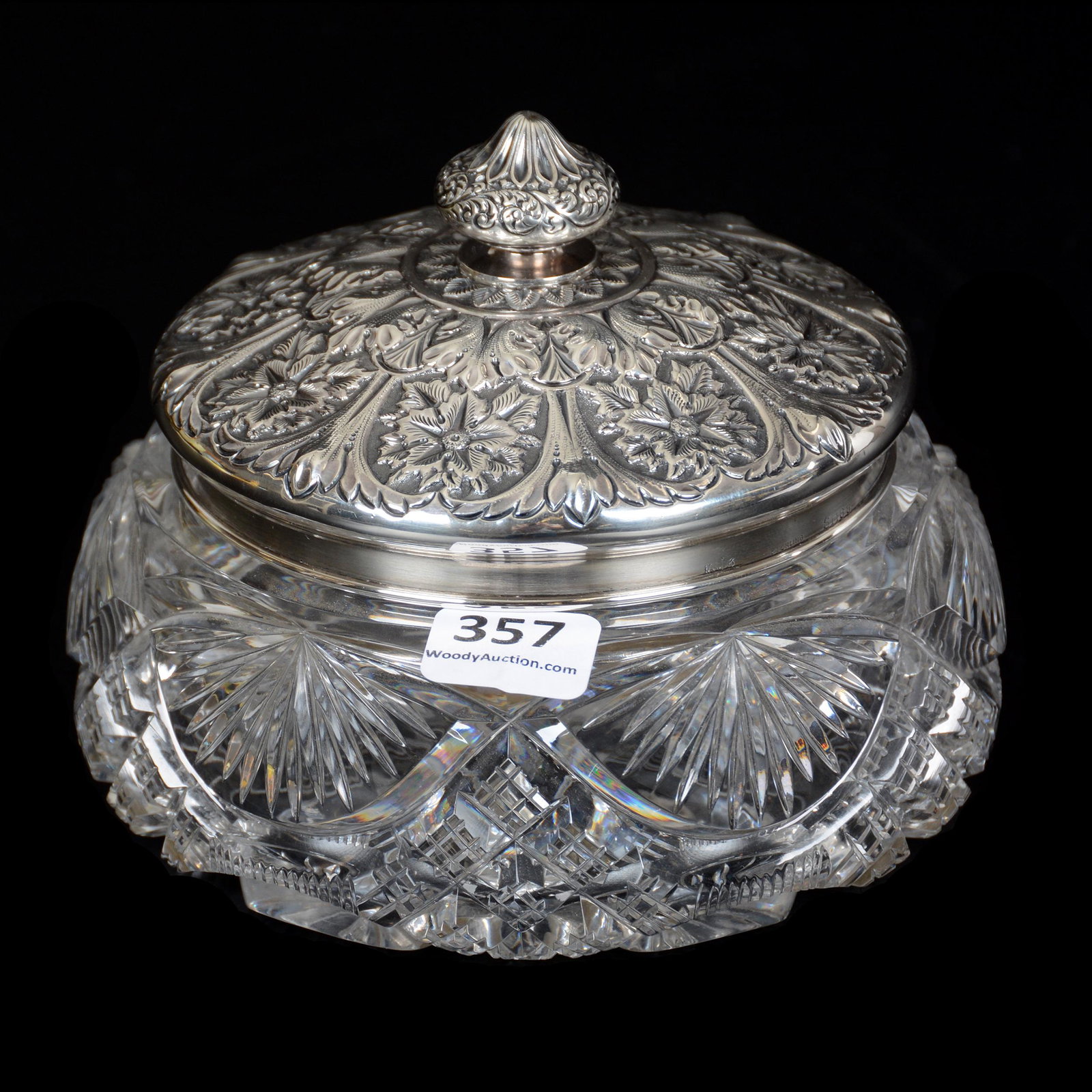 Covered Powder Box, ABCG, Sterling Lid: Covered Powder Box, ABCG, Sterling Lid, 4" x 5", Crosscut Diamond and Fan Motif, Unique Design, Ornate Embossed Sterling Silver Lid Marked Gorham #S1188, The William Buschling Collection