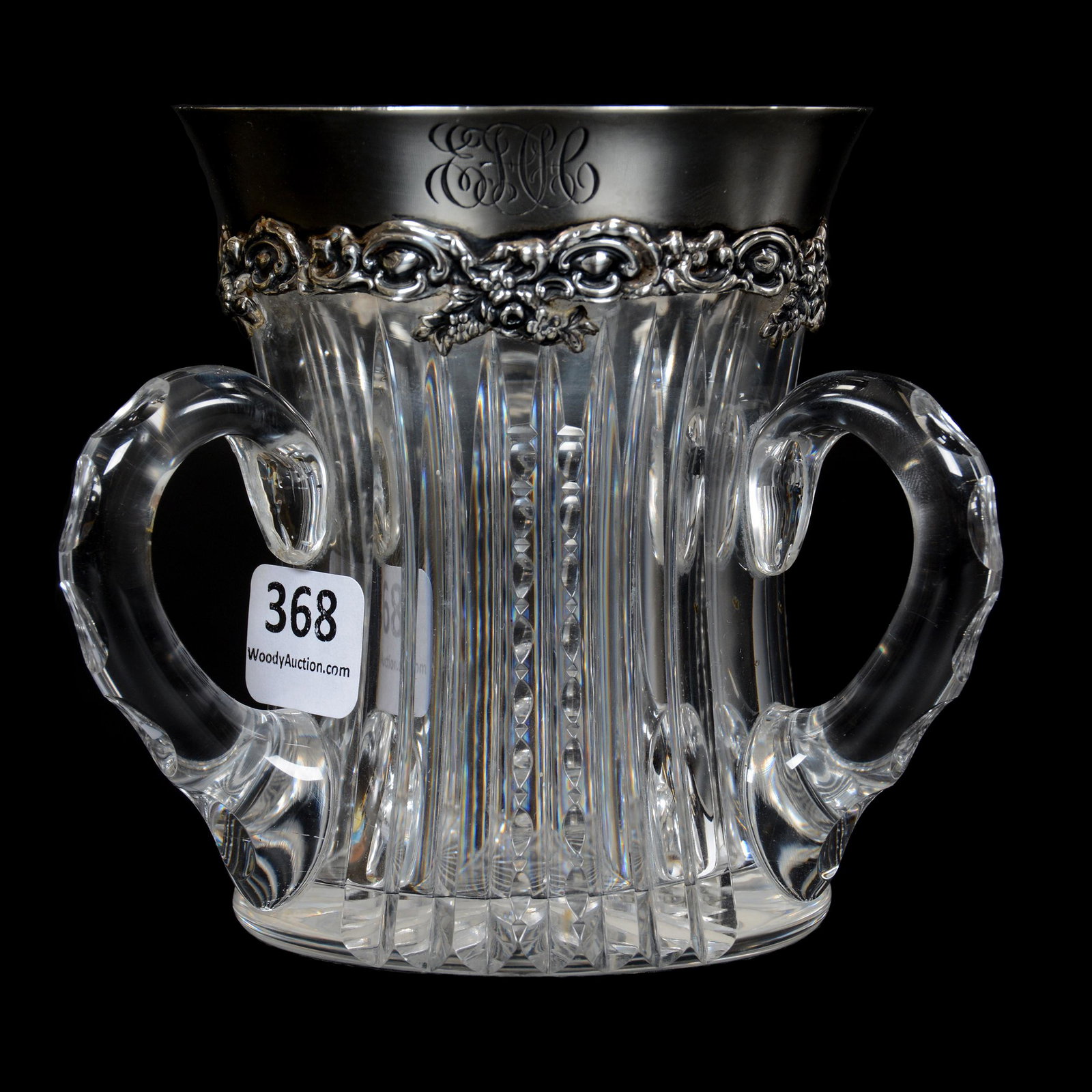 Loving Cup, Three Handled, ABCG, Sterling Rim: Loving Cup, Three Handled, ABCG, Sterling Rim, 4.25", Prism Cut Body, Ray Cut Base, Sterling Silver Collar Marked Redlich, Dated 1898, Small Portion of Sterling "Drops" is Missing, The William Buschli