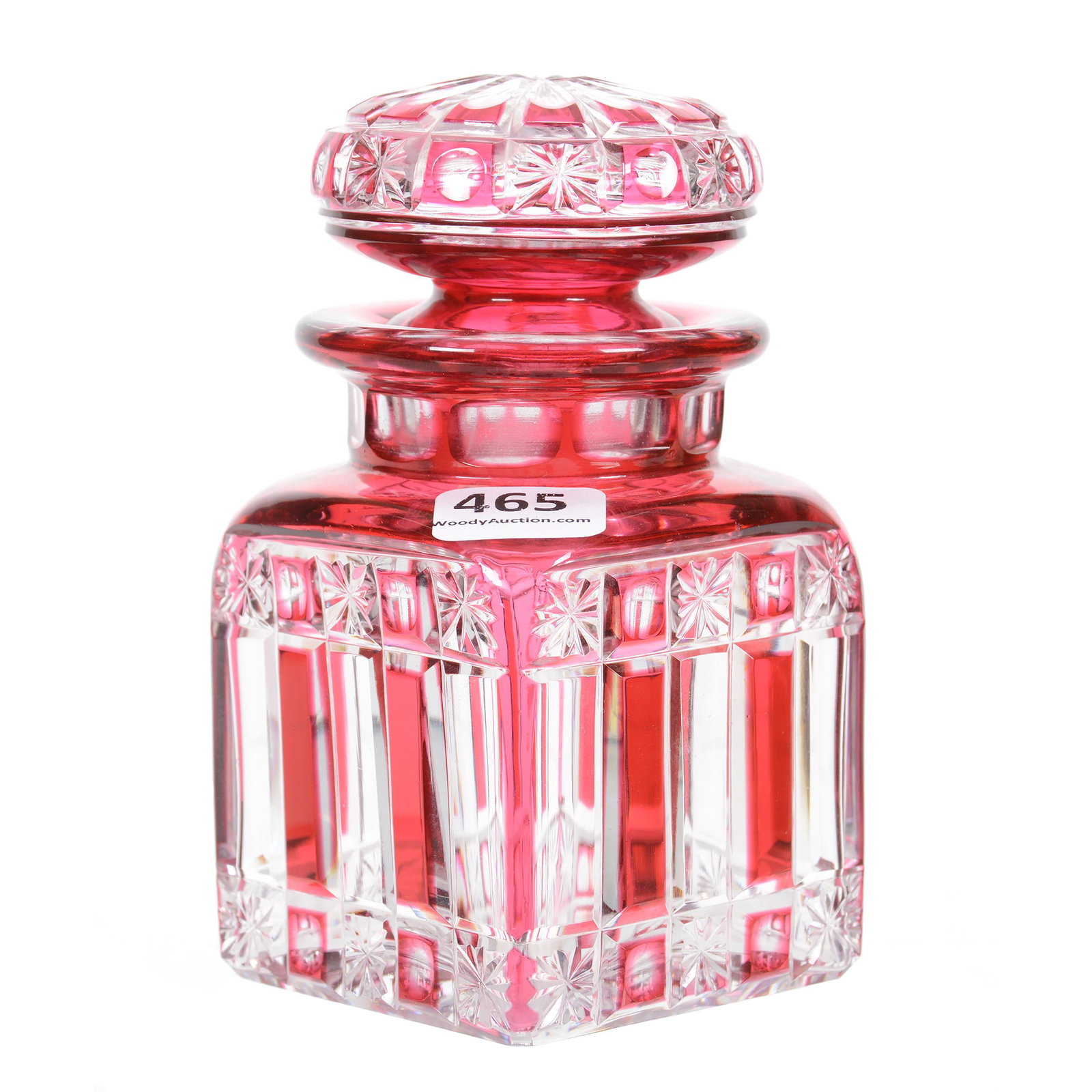 Covered Jar, Square, BPCG, Cranberry Cut to Clear: Covered Jar, Square, BPCG, Cranberry Cut to Clear, 5" x 2.75", Pattern Similar to Stars and Bars, Signed "Cristal Nancy France", Nice Quality, The William Buschling Collection