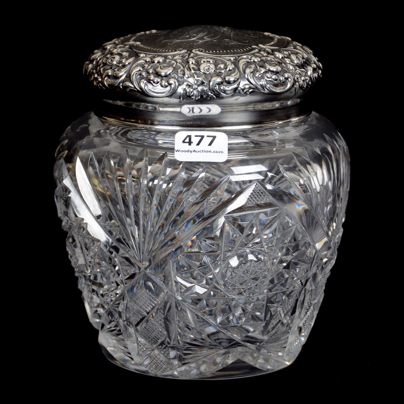 Covered Jar, ABCG, Sterling Lid Marked Unger Bros.: Covered Jar, ABCG, Sterling Lid Marked Unger Bros., 5.75" x 5", Hobstar, Fan and Strawberry Diamond Motif, Beautiful Embossed Floral Sterling Lid, Hobstar Base, The William Buschling Collection