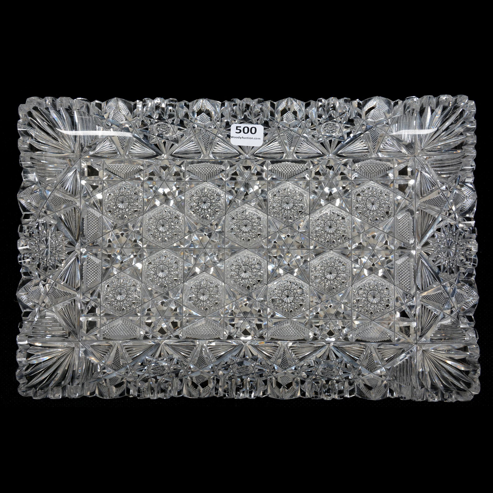 Serving Tray, American Brilliant Cut Glass: Serving Tray, ABCG, 12" x 8", Hobstar Cluster with Strawberry Diamond and Fan Highlights, Extra Nice Quality Blank, Large Chip on Bottom, The William Buschling Collection