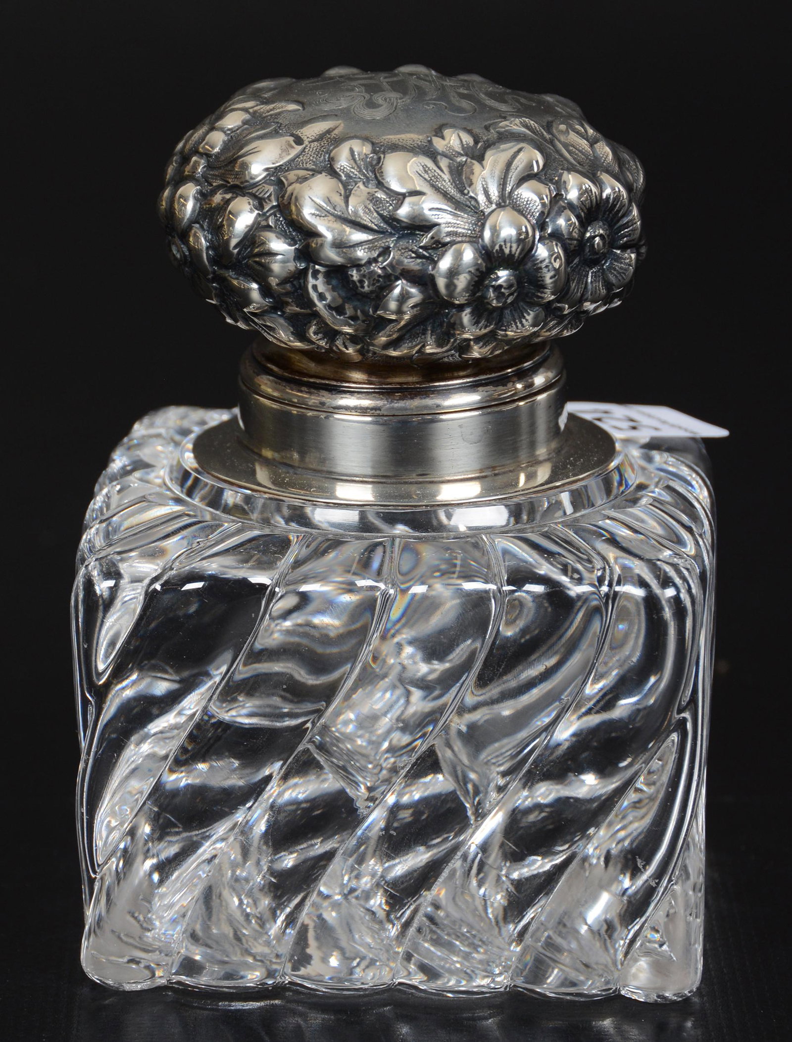 Inkwell, Square, ABCG, Sterling Flip Lid: Inkwell, Square, ABCG, Sterling Flip Lid, 4" x 3", Swirled Tusk Design, Elaborate Embossed Sterling Silver Lid Marked Scheibler & Co. (1876-1910), The William Buschling Collection