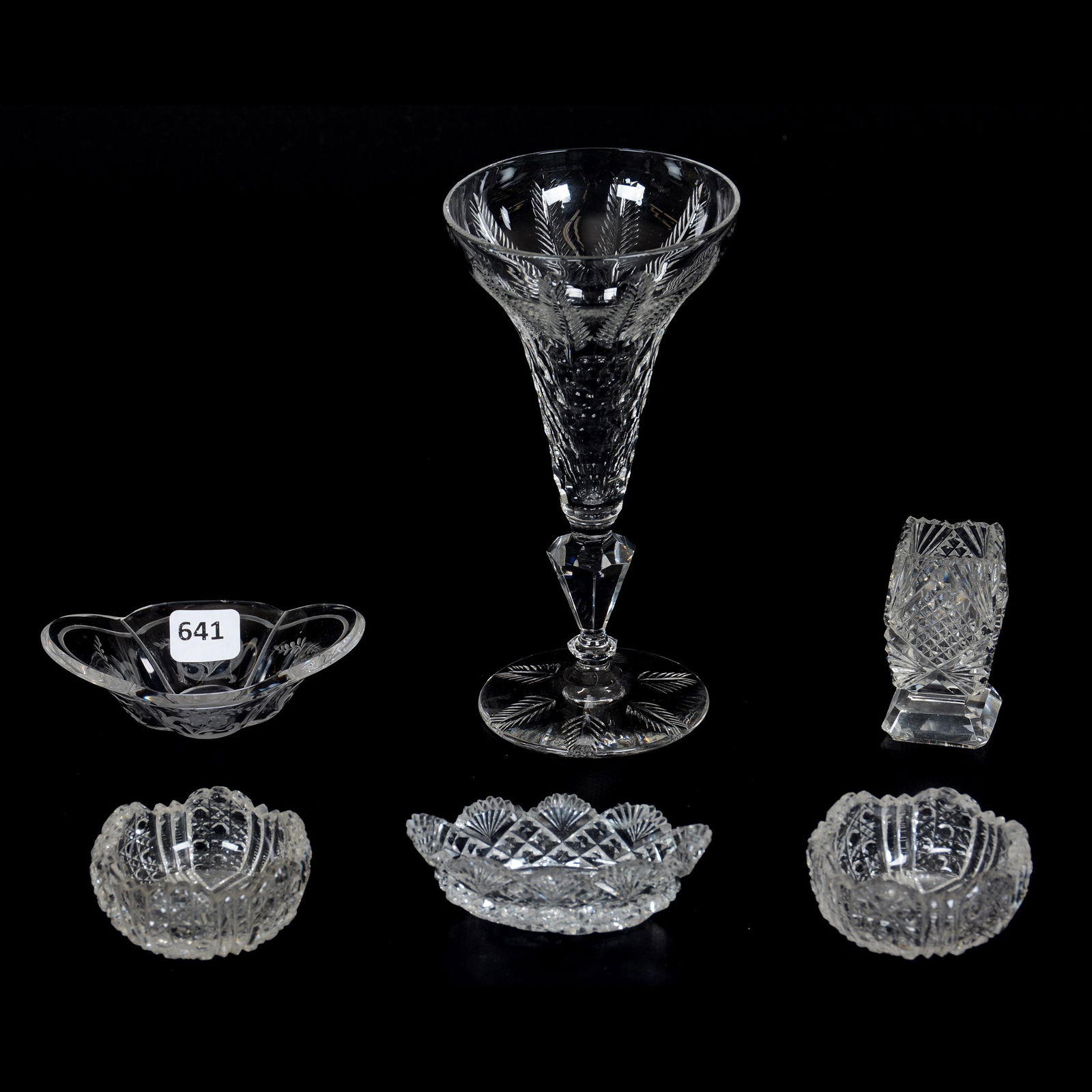 (6) Assorted Cut Glass Items: (6) Assorted Cut Glass Items, (1) 4" Engraved Nut Dish, (1) 3.5" Crosscut Diamond and Fan Salt, Canoe Shape, (2) 2.5" Round Salt Dips, (1) 2.5" Square Toothpick Holder, (1) 6.75" Stem, Feather and Hon