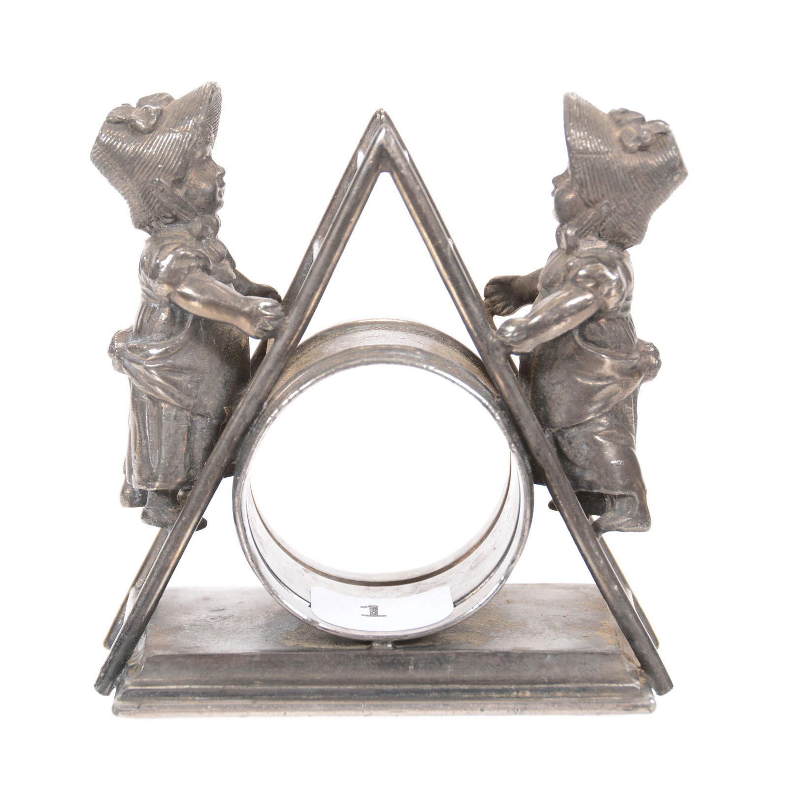 Victorian Figural Silverplate Napkin Ring: Victorian Figural Silverplate Napkin Ring, 3.5" x 3.25", Kate Greenaway Design with Two Girls Climbing a Ladder, by Simpson Hall & Miller #209, Private Collection