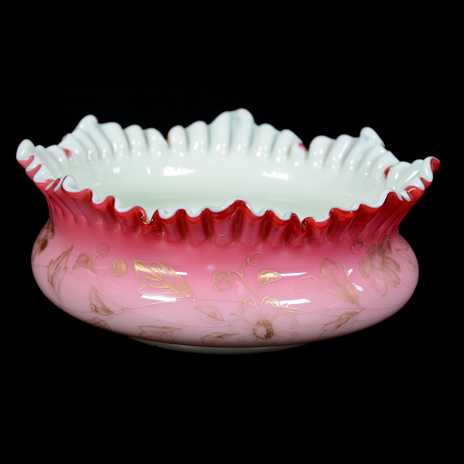 Cased Peachblow Art Glass Brides Bowl: Cased Peachblow Art Glass Brides Bowl, 4" x 10.5", White Interior, Ruffled Rim Gold Enamel Floral Decor, Attributed to Webb, 5.5" Base Diameter, Private Collection