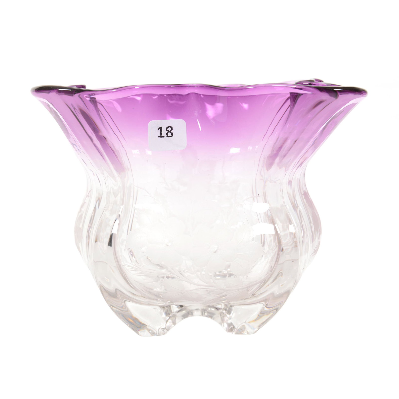 Vase, Unmarked Steuben Grotesque Art Glass: Vase, Unmarked Steuben Grotesque Art Glass, 6.25" x 9.75", Amethyst Shading to Clear with Engraved Floral Decor, Beautiful Piece of Steuben Glass, Private Collection