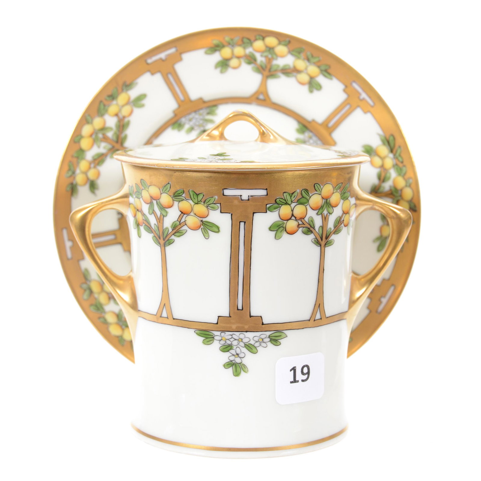 Condensed Milk Jar & Underplate Marked Pickard: Condensed Milk Jar & Underplate Marked Pickard, 5.25" x 6", Orange Tree Conventional Design, White with Gold Trim and Orange (Look Like Lemon Trees) Tree Decor, Artist Signed "E. Tolpin" for Emil Tolp