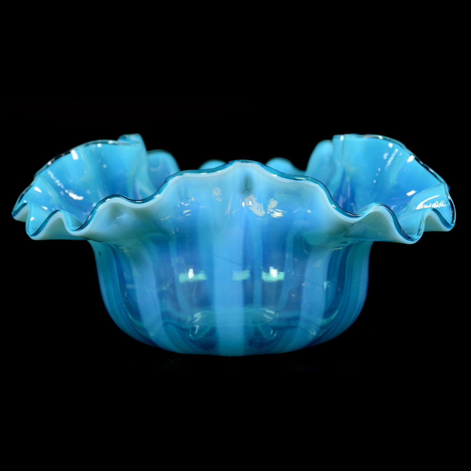 Bowl, Blue Opalescent Ruffled Art Glass, Monot Stumpf: Bowl, Blue Opalescent Ruffled Art Glass, Attributed to Monot Stumpf, 3.5" x 8", Tri-Corner, Circa 1920's, Private Collection. UPDATED 9-8-20: Added Monot Stumpf.