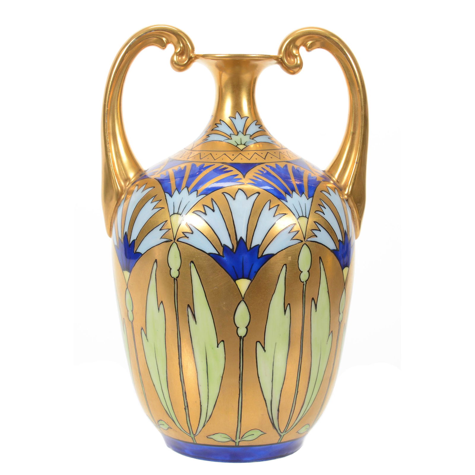 Vase Marked Pickard, Two Handles: Vase Marked Pickard, Two Handles, 8.25" x 5.25", Cornflower Conventional Design, Gold Background with Green Leaf and Cobalt Blue Art Deco Design Highlights, Artist Signed "Yeschek" for Frank Yeschek,
