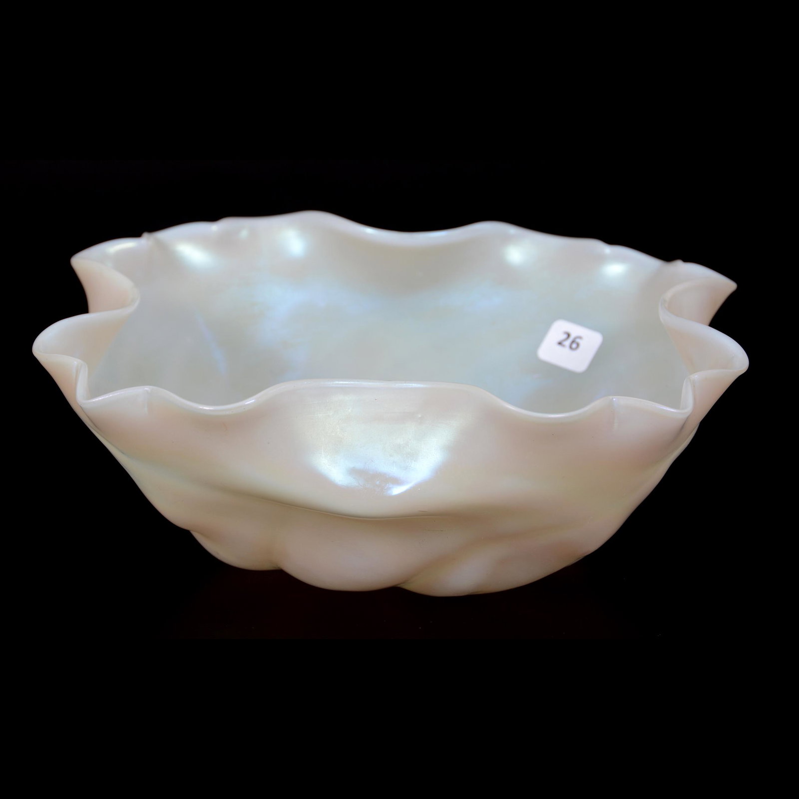 Art Glass Bowl, Iridescent White: Art Glass Bowl, Iridescent White, 4" x 10.5", Square Form, Loetz Style, Private Collection